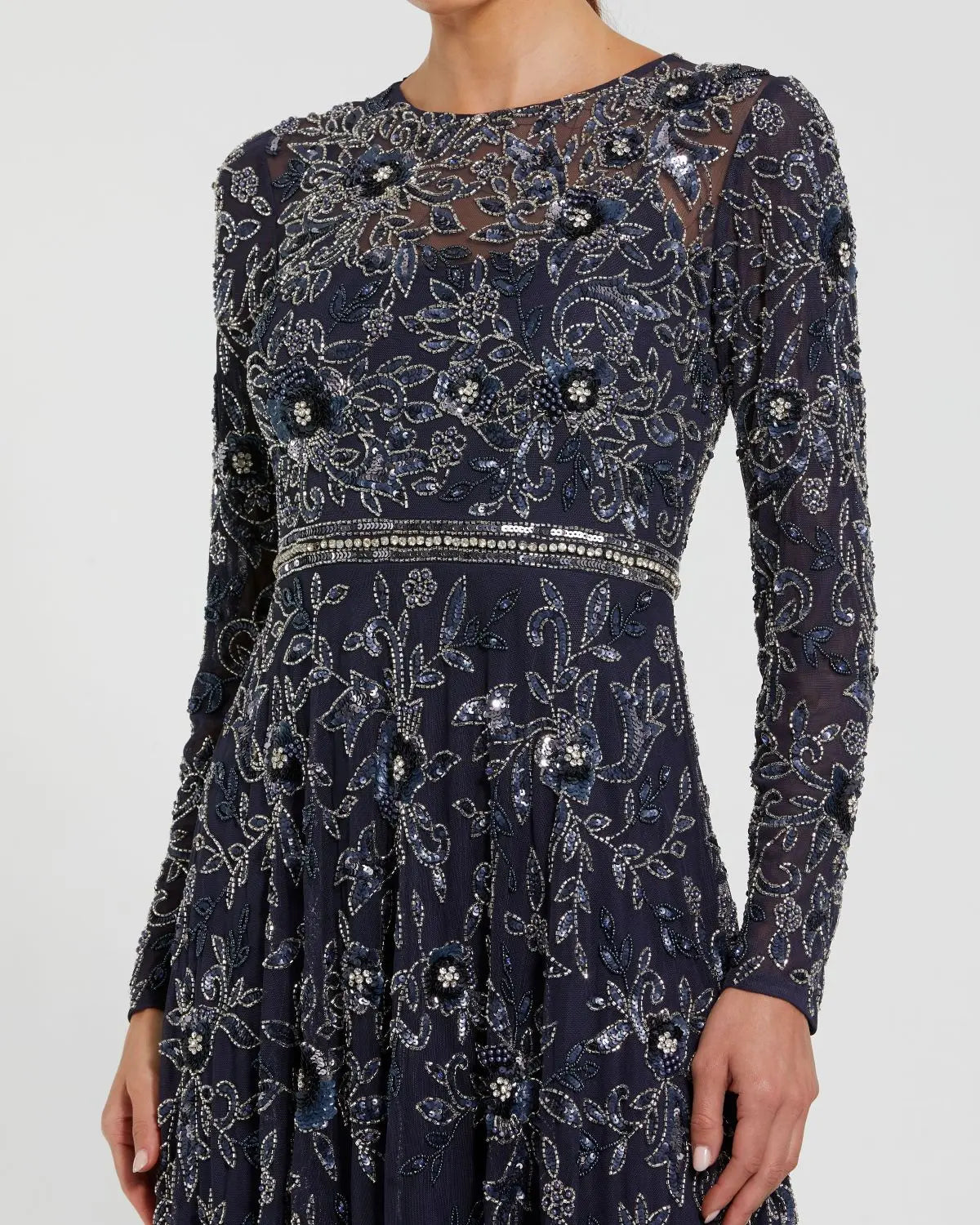 mac duggal navy blue dress Mac Duggal Women's Floral Embellished Sleeves Crepe Gown