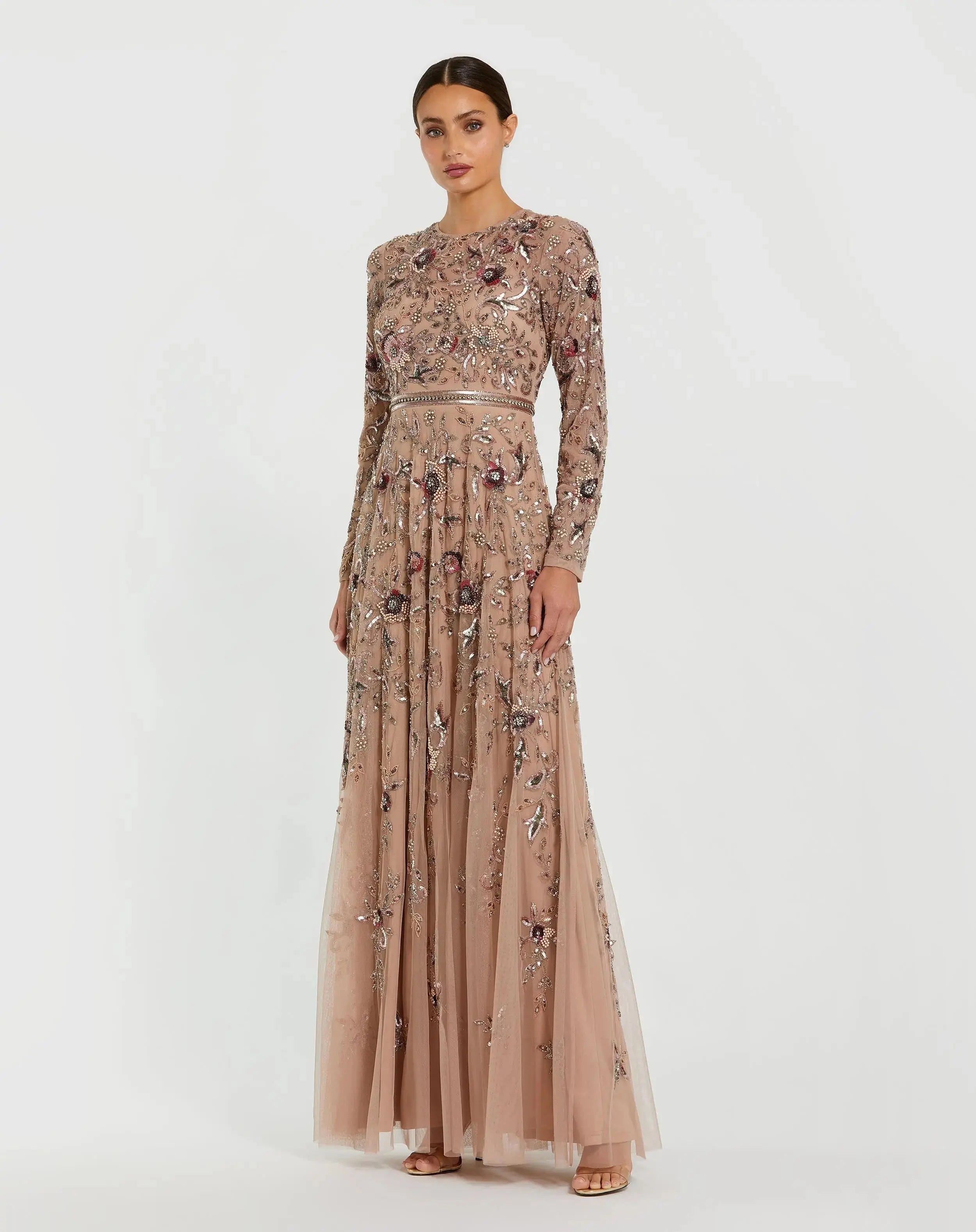 Beige Long Sleeve Floral Embellished A-line Gown - Mac Duggal