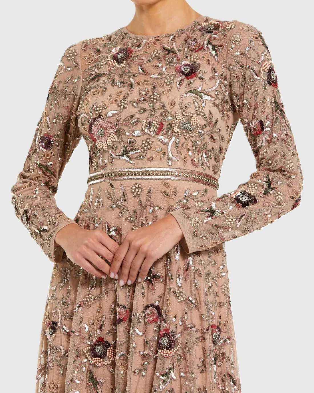 Beige Long Sleeve Floral Embellished A-line Gown Mac Duggal