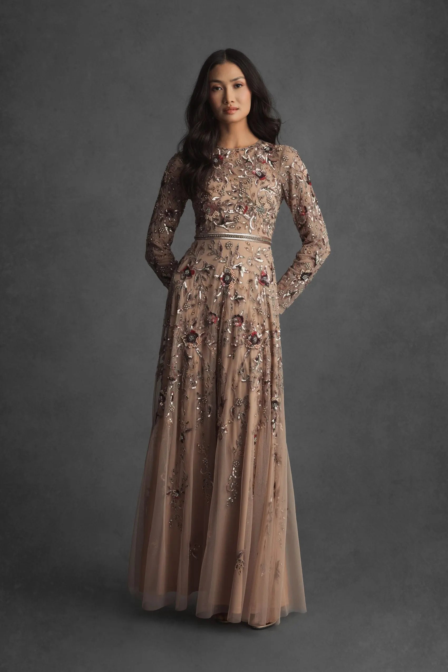 Beige Long Sleeve Floral Embellished A-line Gown Mac Duggal