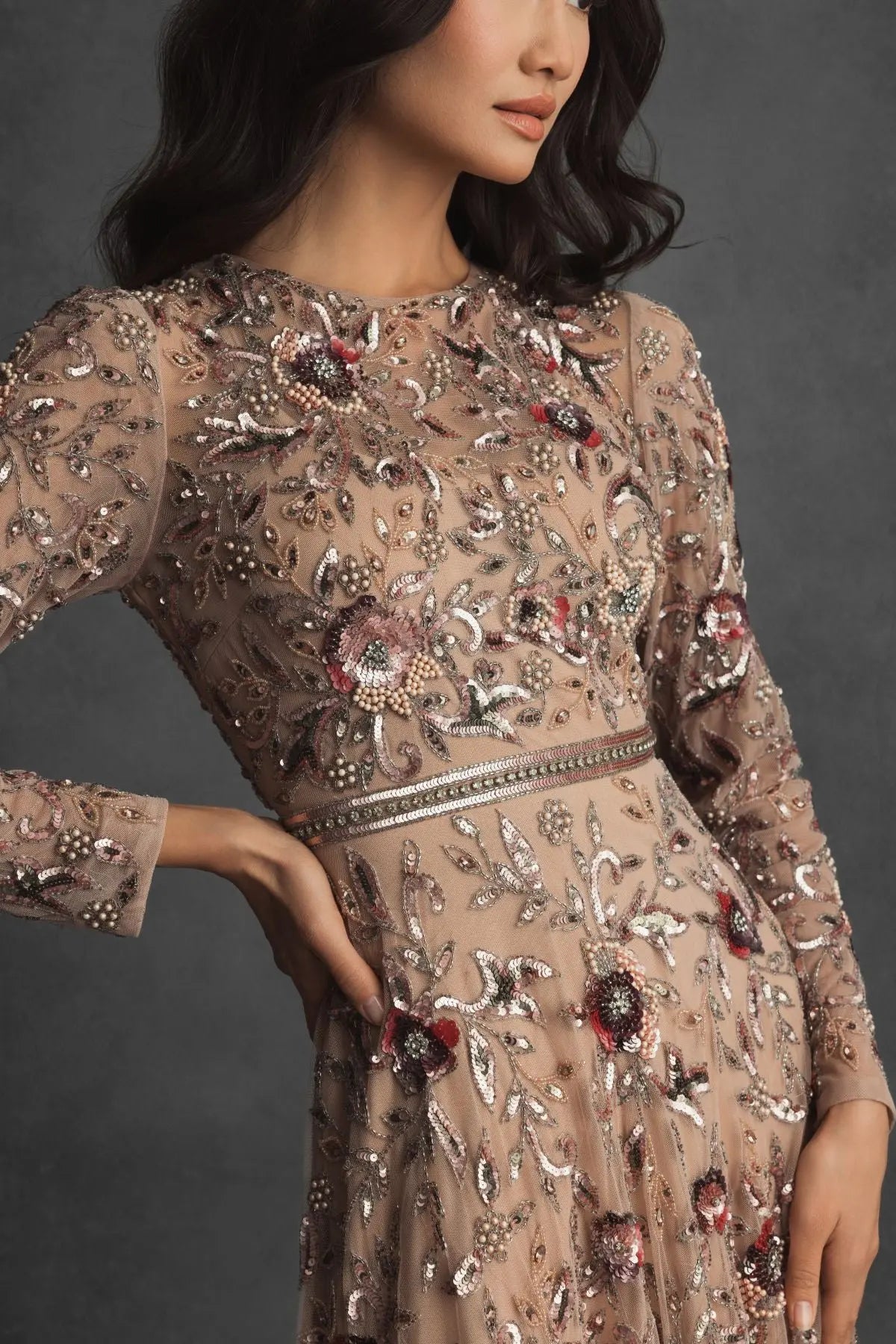 Beige Long Sleeve Floral Embellished A-line Gown Mac Duggal