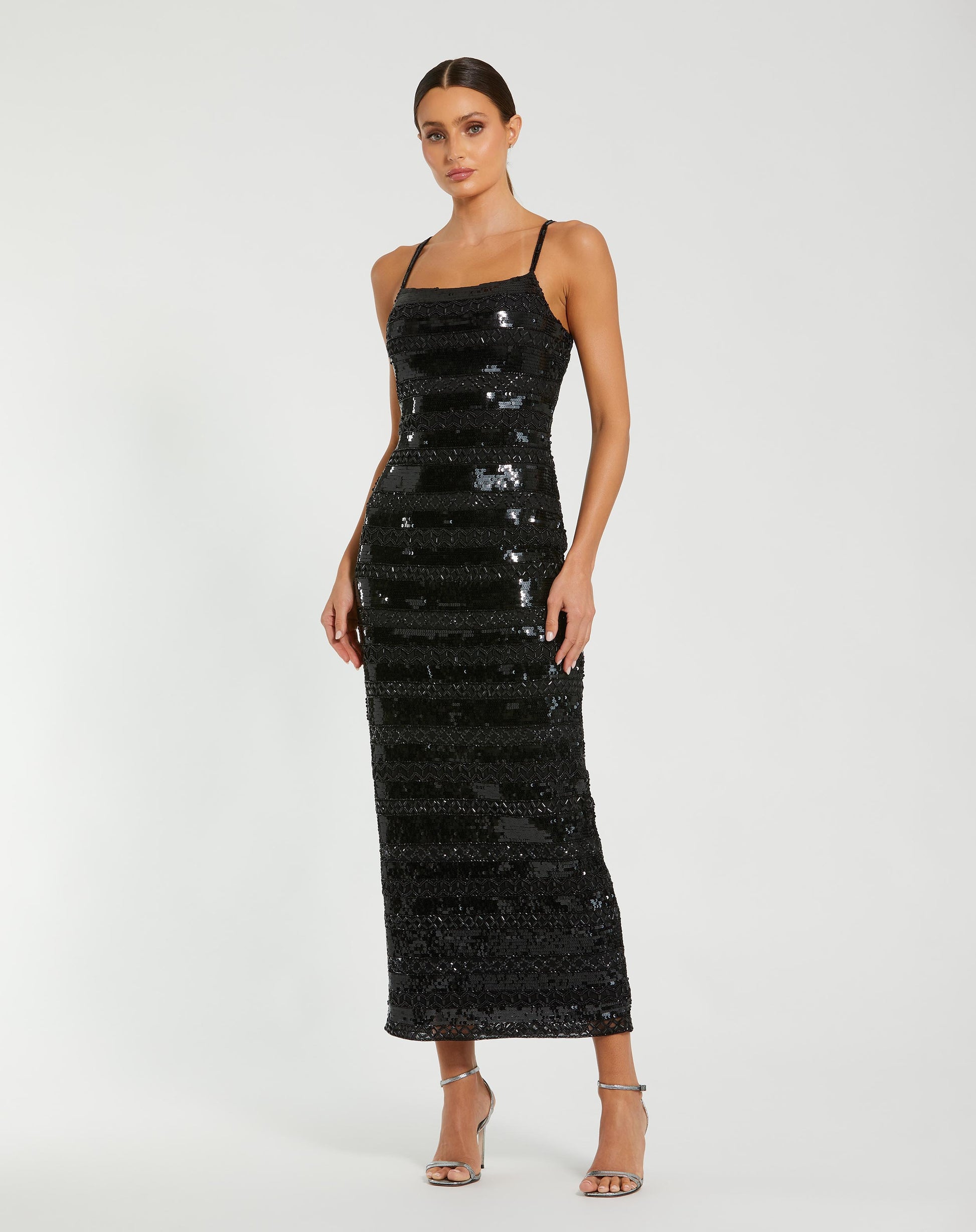 Black Embellished Spaghetti Strap Midi Dress - Mac Duggal