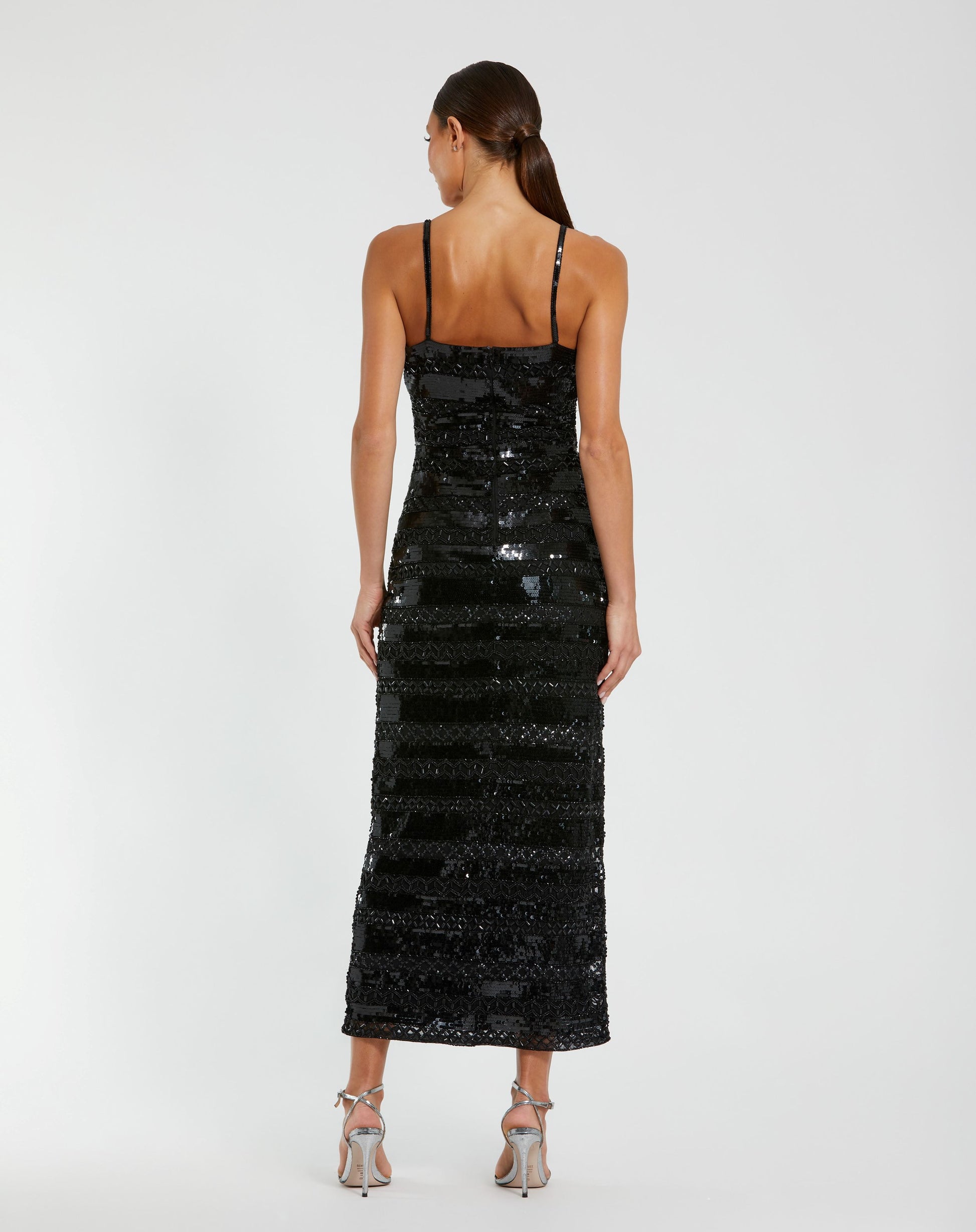 Black Embellished Spaghetti Strap Midi Dress - Mac Duggal