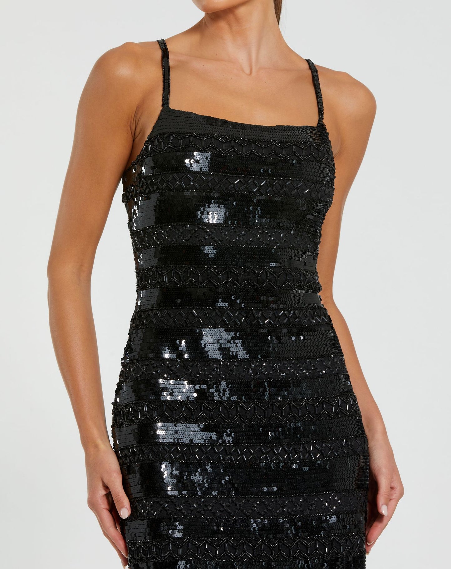 Black Embellished Spaghetti Strap Midi Dress - Mac Duggal