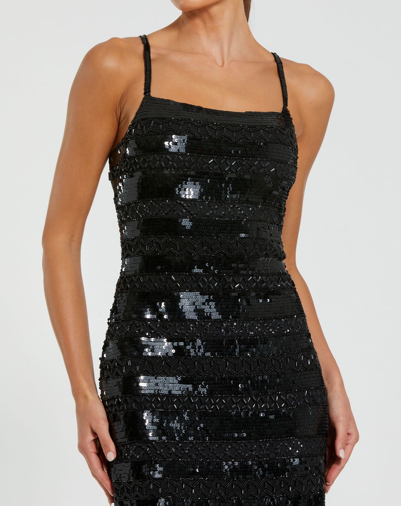 Black Embellished Spaghetti Strap Midi Dress - Mac Duggal