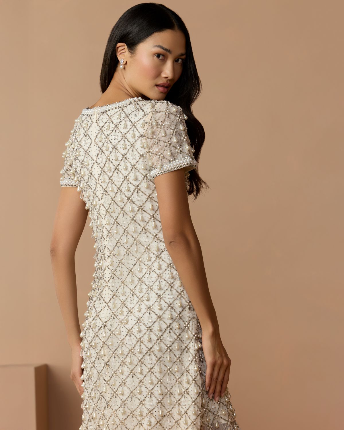 Ivory Pearl Embellished Short Sleeve Mini Dress