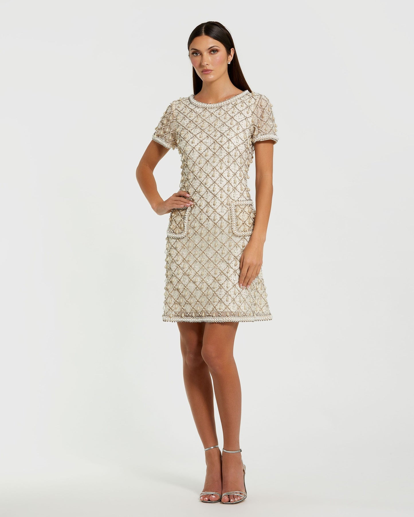 Ivory Short Sleeve Embellished Mini Dress Mac Duggal