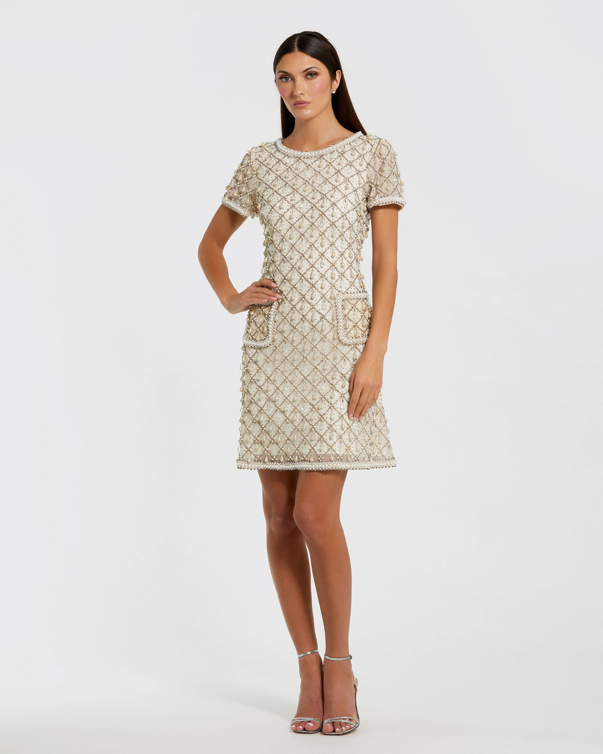 Ivory Short Sleeve Embellished Mini Dress Mac Duggal
