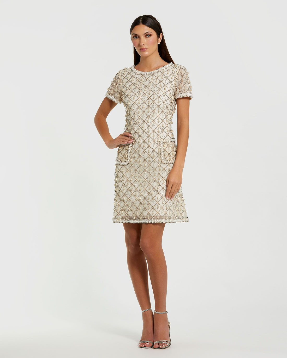 Ivory Short Sleeve Embellished Mini Dress Mac Duggal