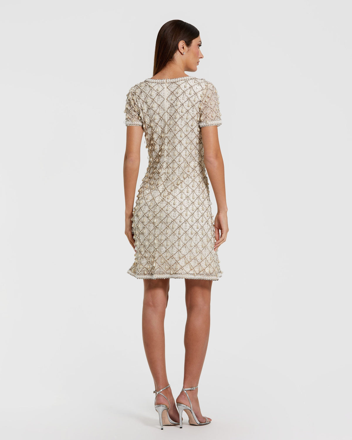 Oyster Short Sleeve Pearl Embellished Mini Dress - Mac Duggal