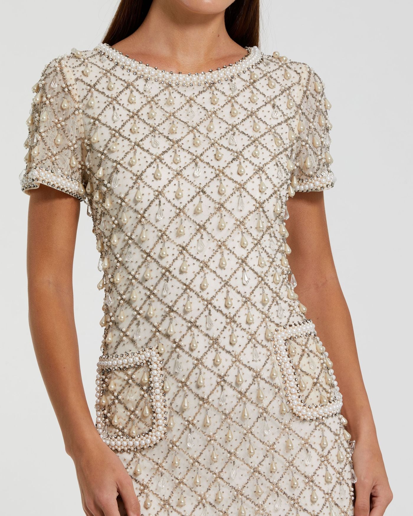 Ivory Short Sleeve Embellished Mini Dress Mac Duggal
