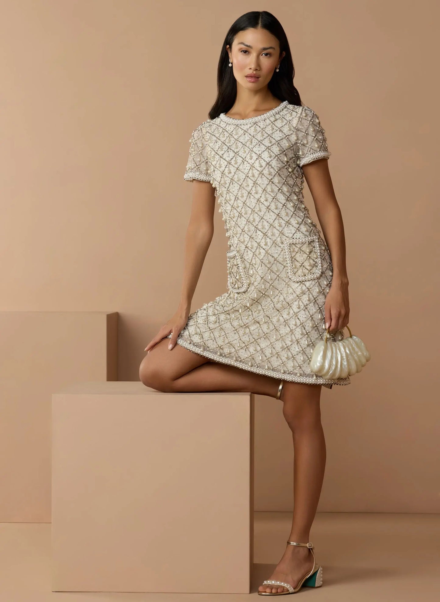 Ivory Short Sleeve Pearl and Crystal Embellished Shift Dress Mac Duggal