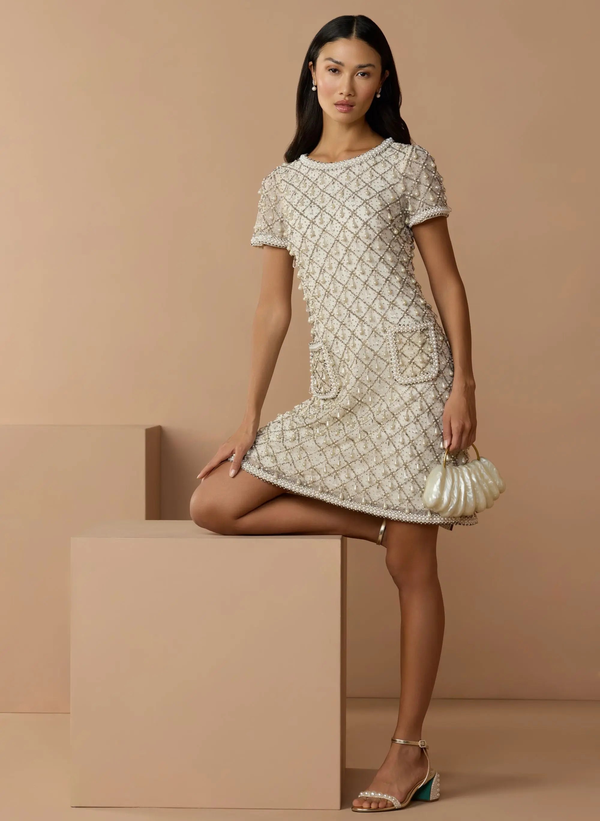 Ivory Short Sleeve Pearl and Crystal Embellished Shift Dress Mac Duggal