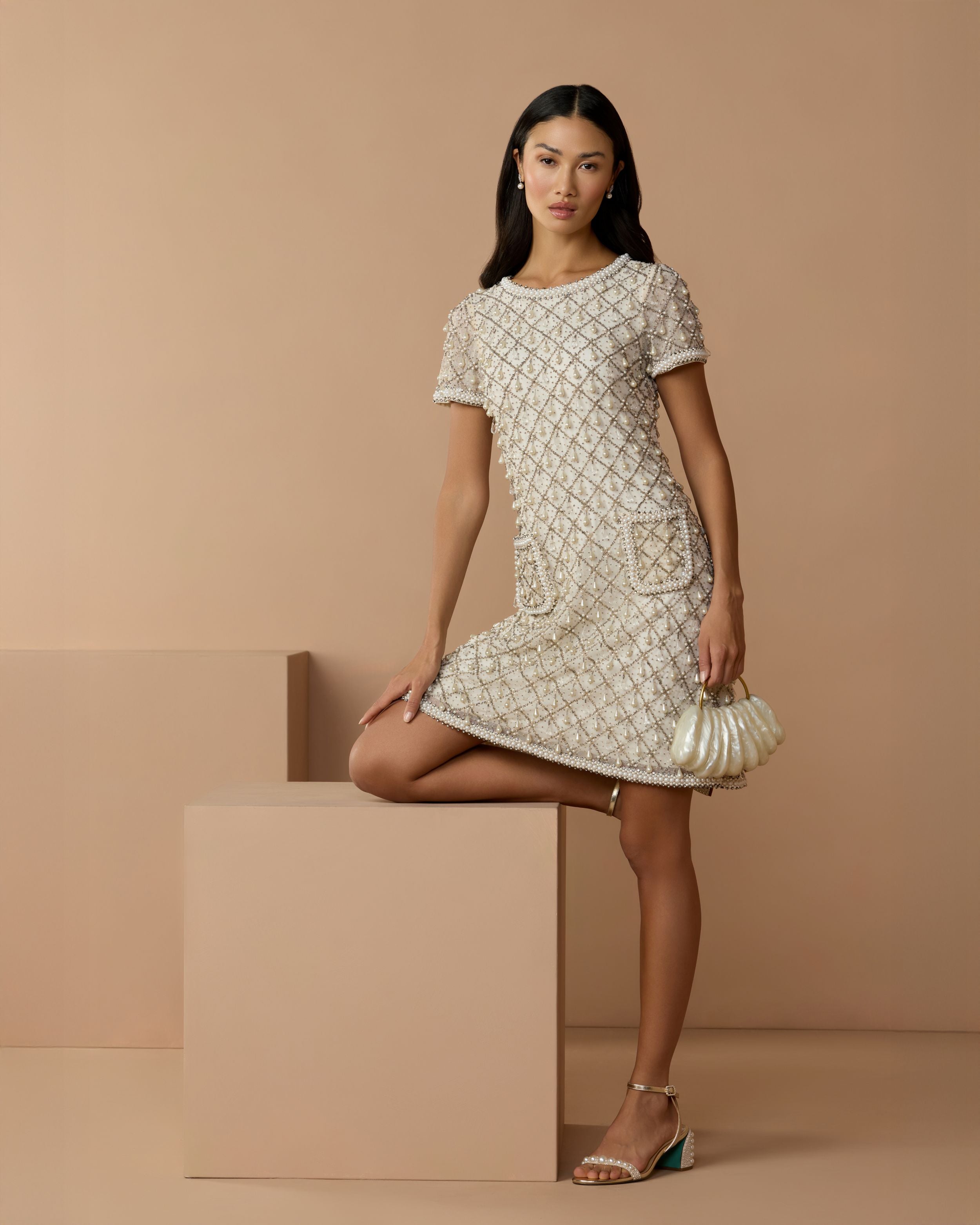 Ivory Short Sleeve Embellished Mini Dress Mac Duggal