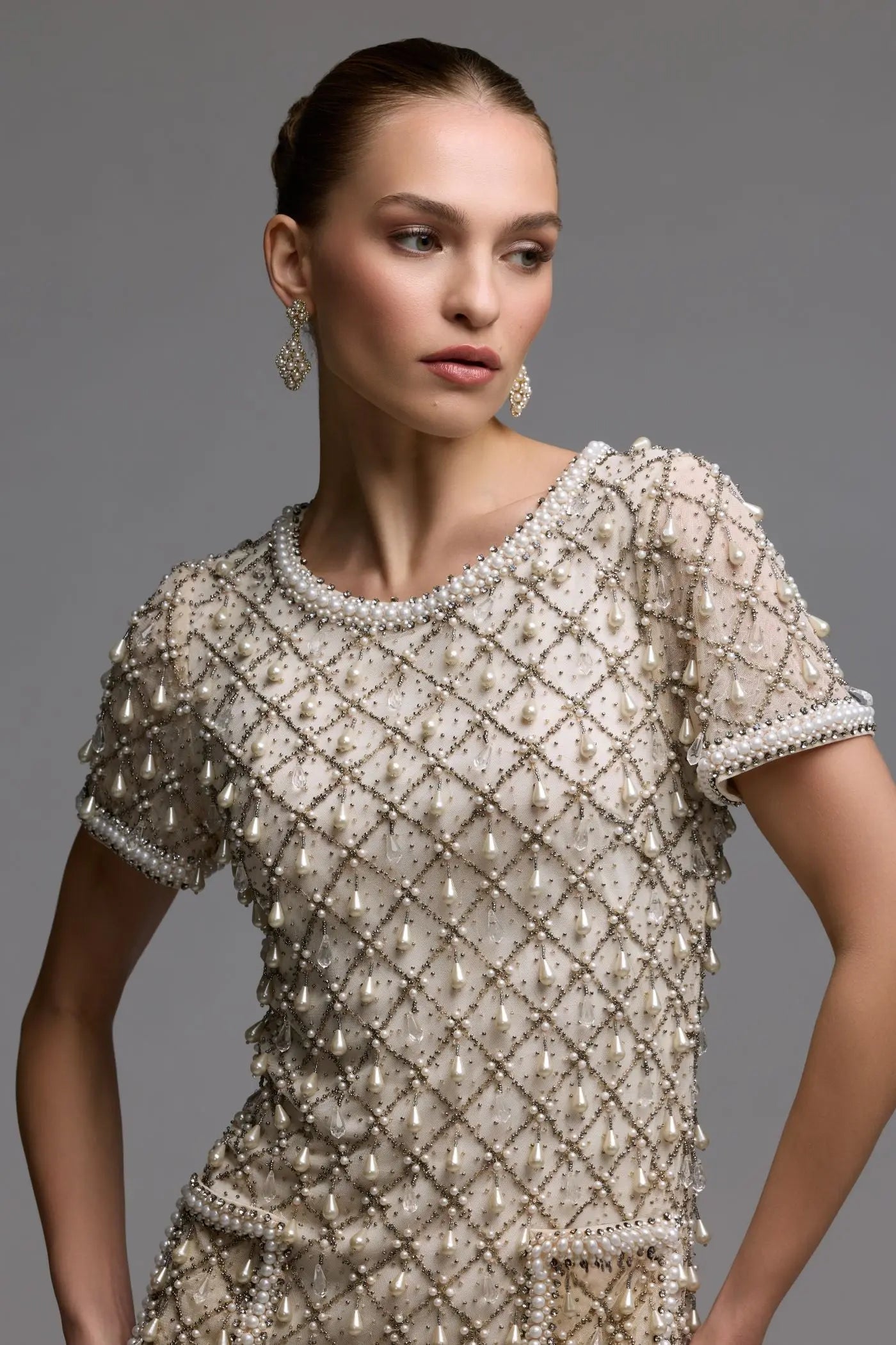 Ivory Short Sleeve Embellished Mini Dress Mac Duggal