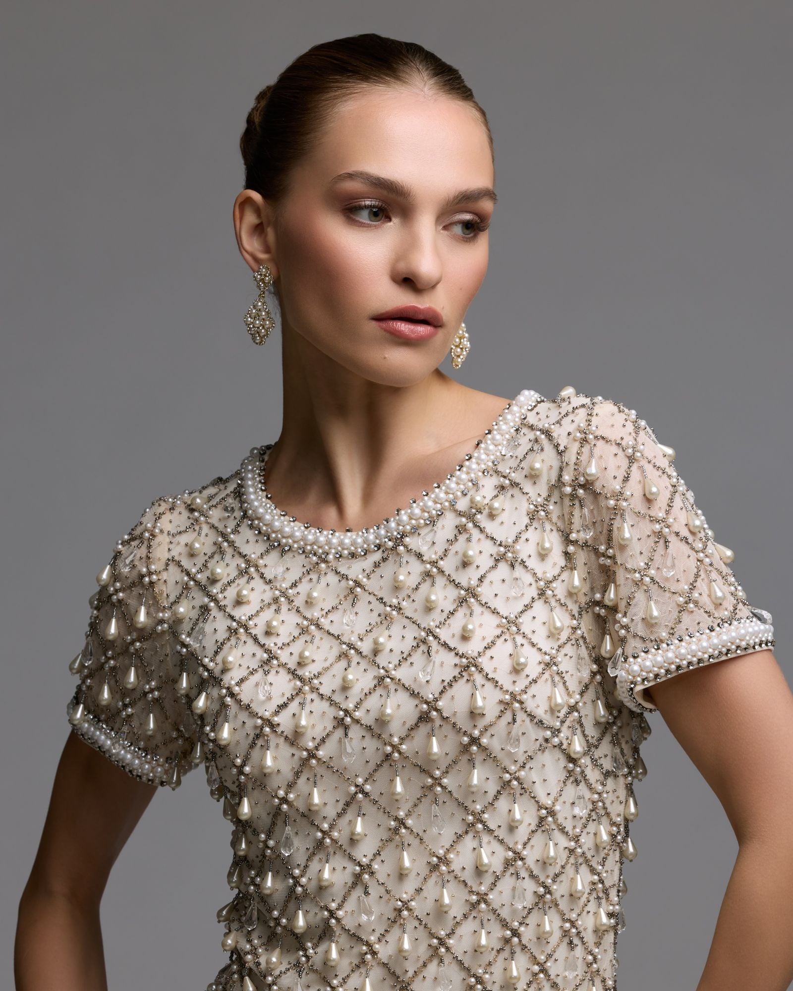 Ivory Short Sleeve Embellished Mini Dress Mac Duggal