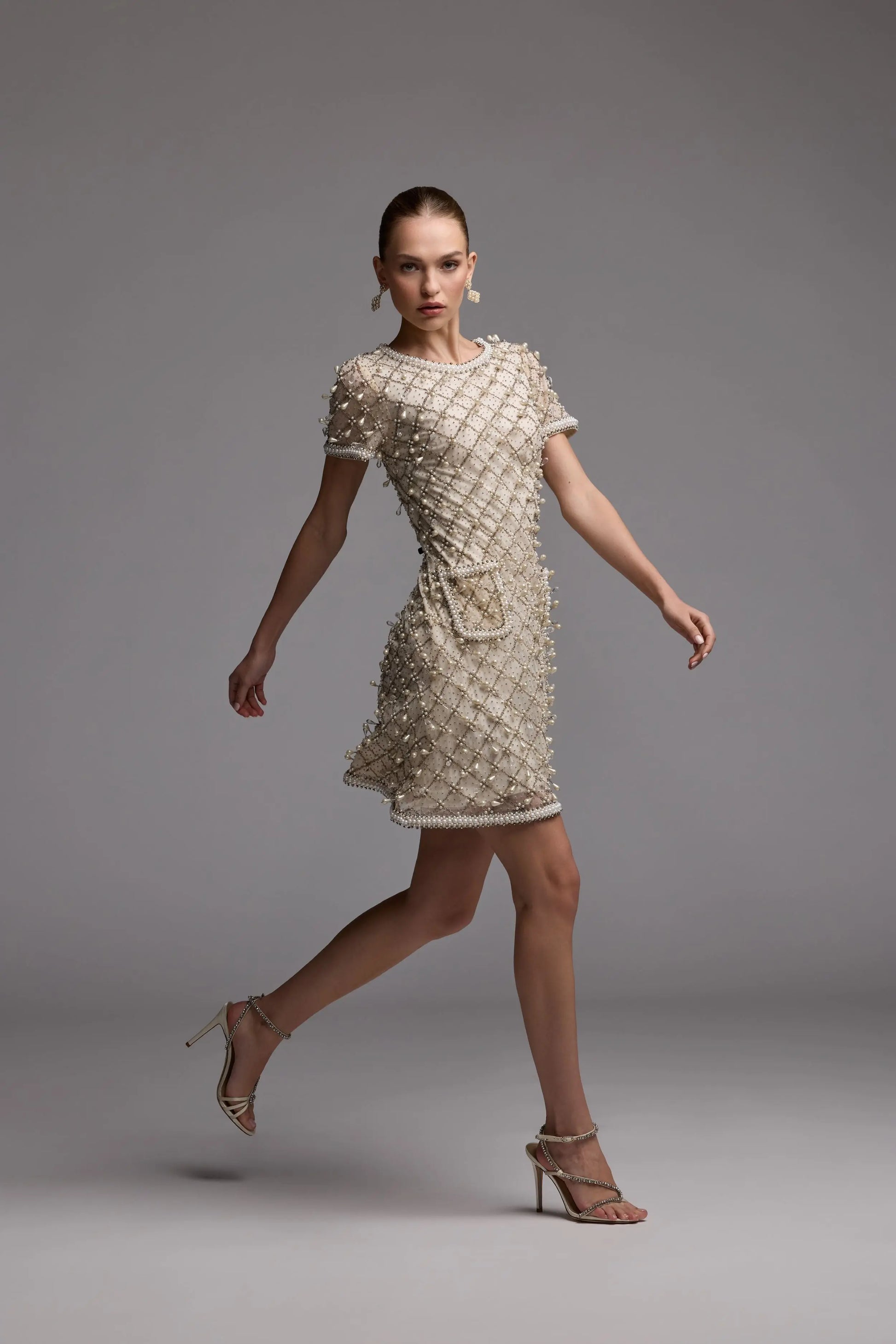 Ivory Short Sleeve Embellished Mini Dress Mac Duggal