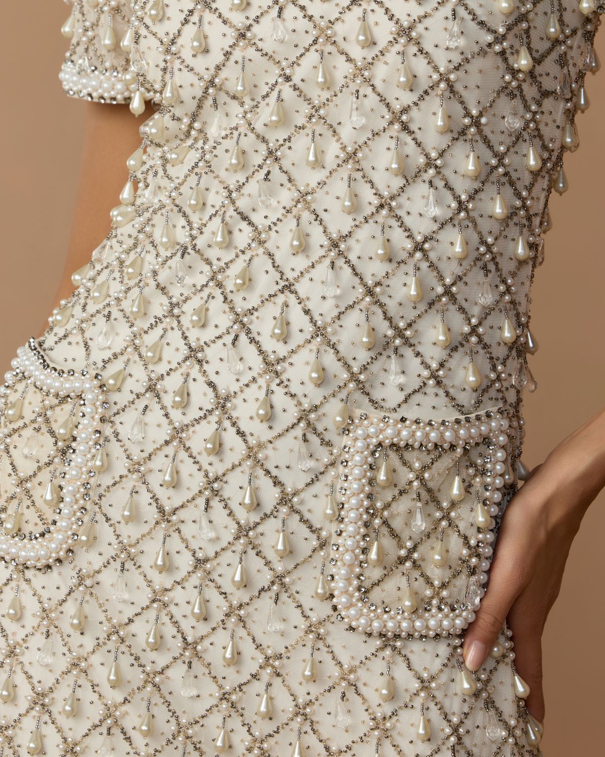 oyster mini dress Ivory Pearl Embellished Short Sleeve Mini Dress
