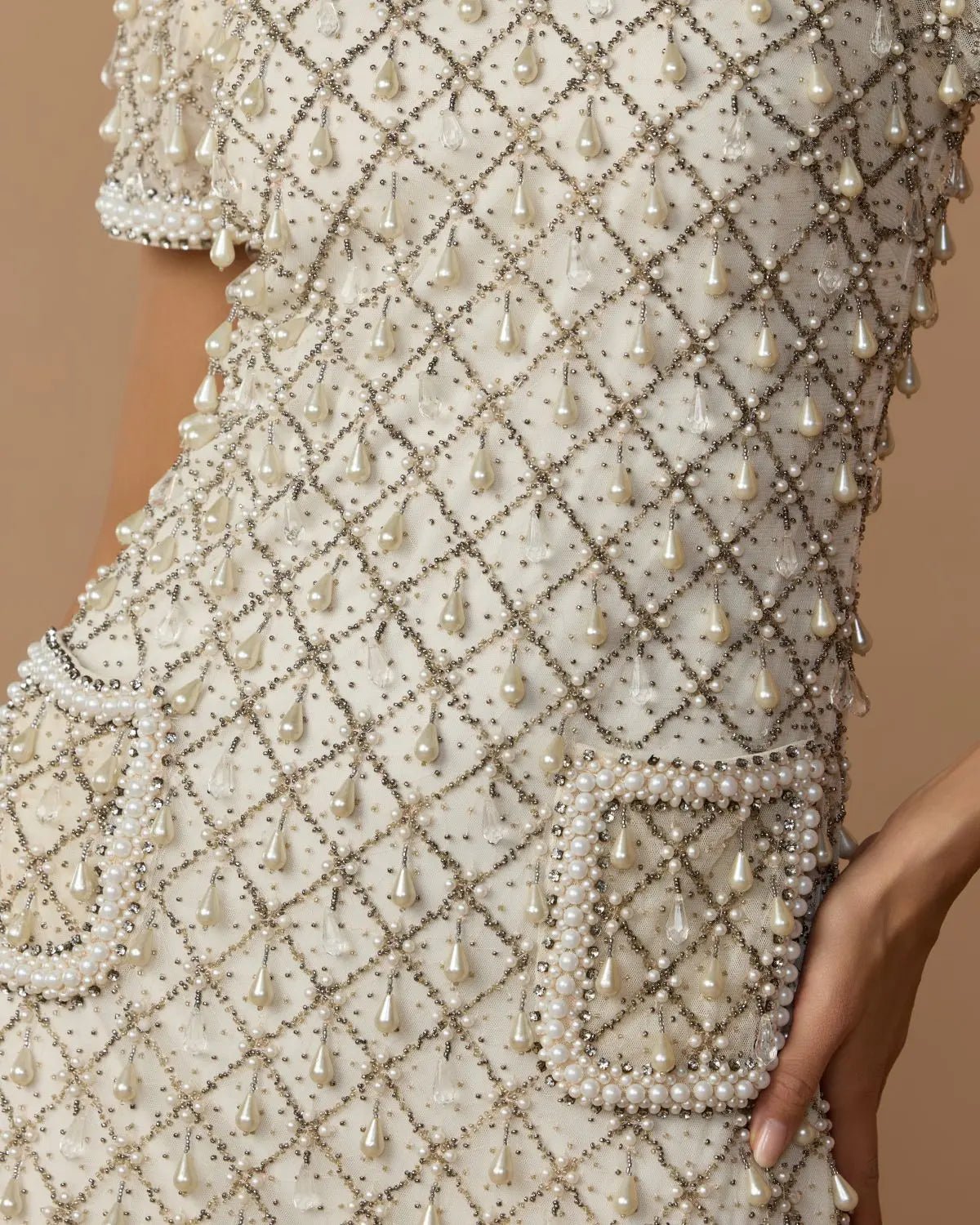 Ivory Short Sleeve Pearl and Crystal Embellished Shift Dress Mac Duggal