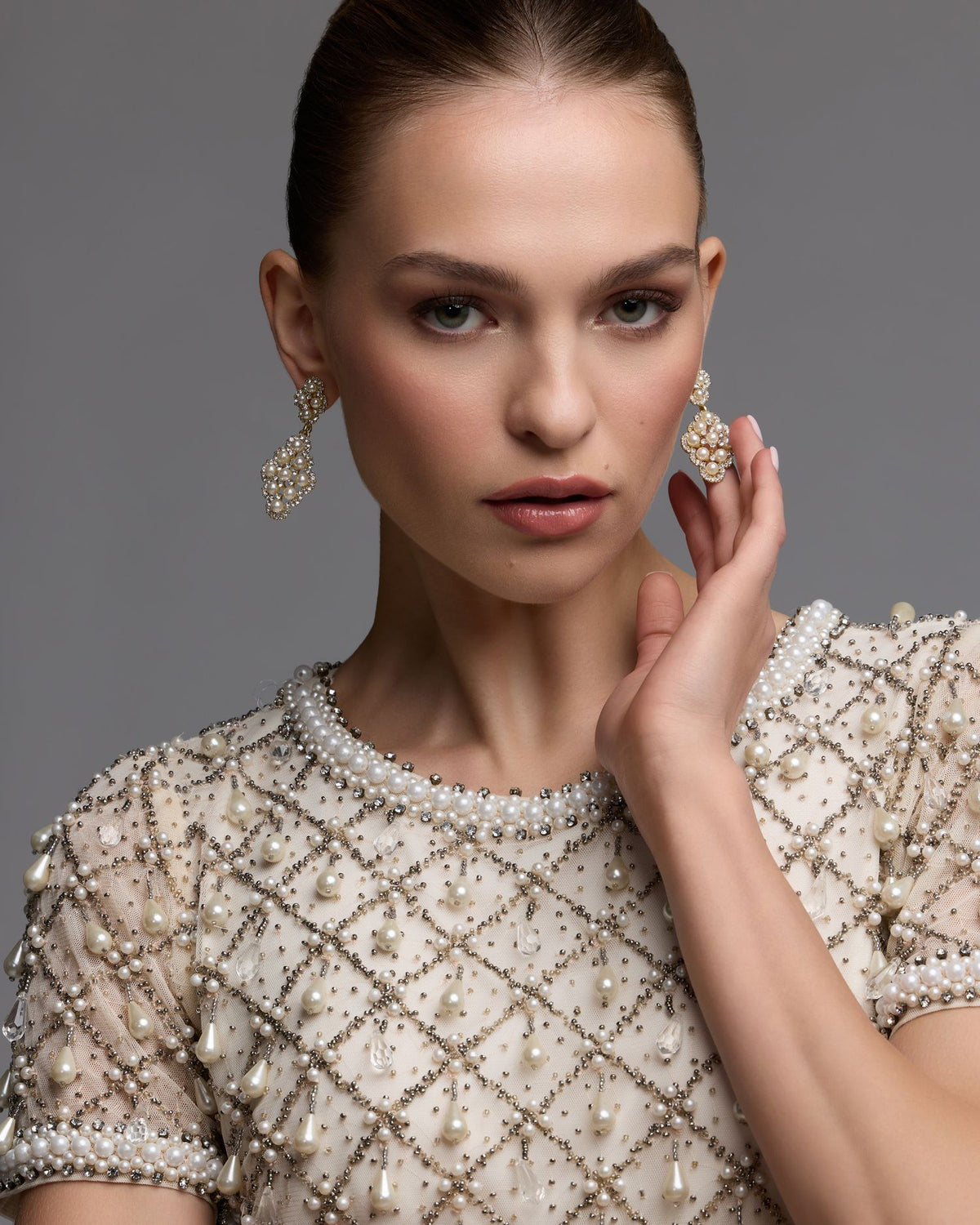 Oyster Short Sleeve Pearl Embellished Mini Dress - Mac Duggal