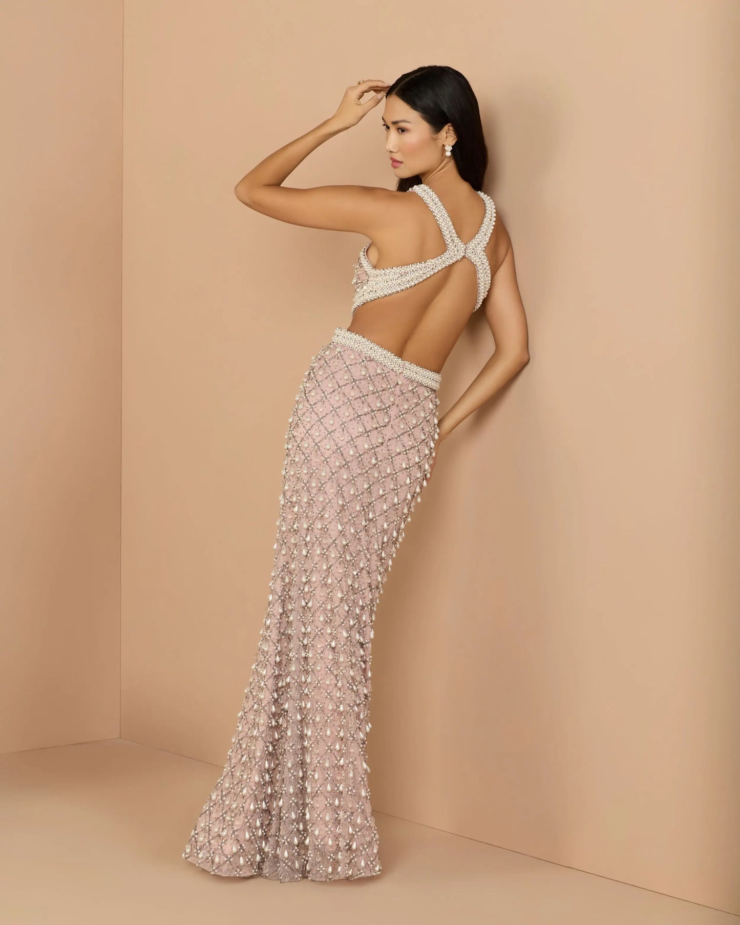 Pink Backless Cutout Pearl Embellished Gown Mac Duggal