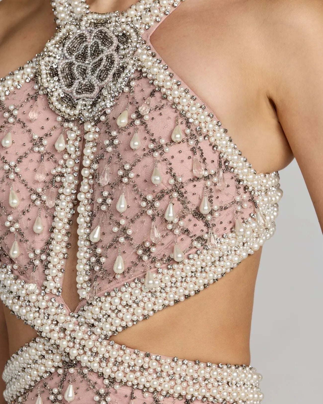 Pink Backless Cutout Pearl Embellished Gown Mac Duggal
