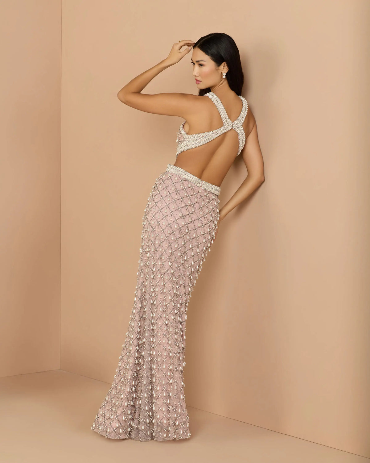 Light Rose Pearl Embellished Open Back Gown - Mac Duggal