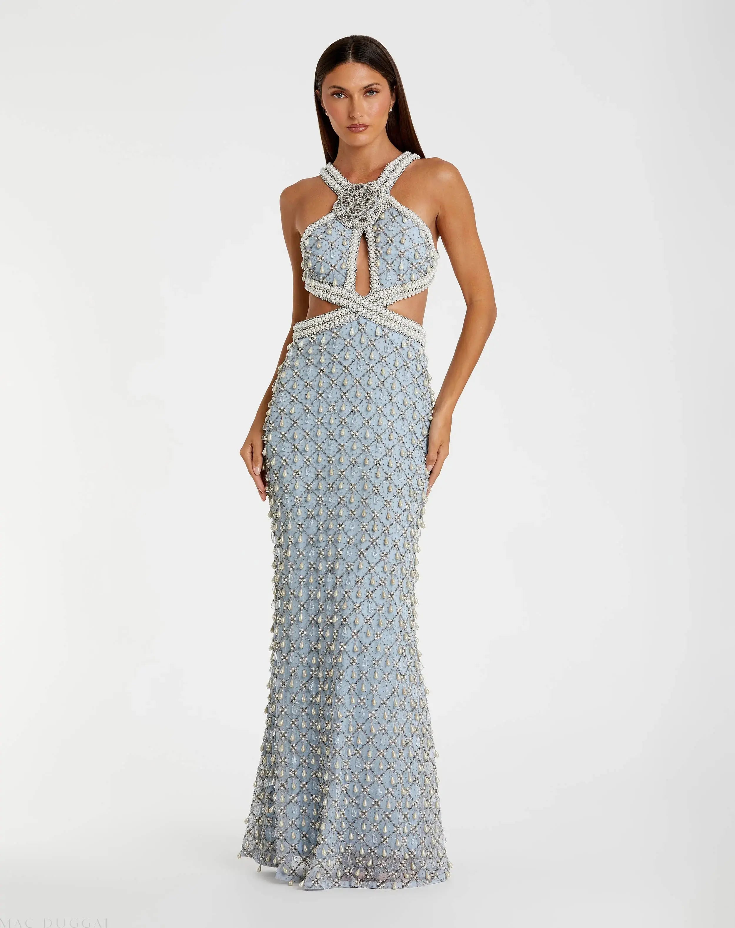 Blue Sleeveless Halter Cutout Pearl Embellished Gown - Mac Duggal