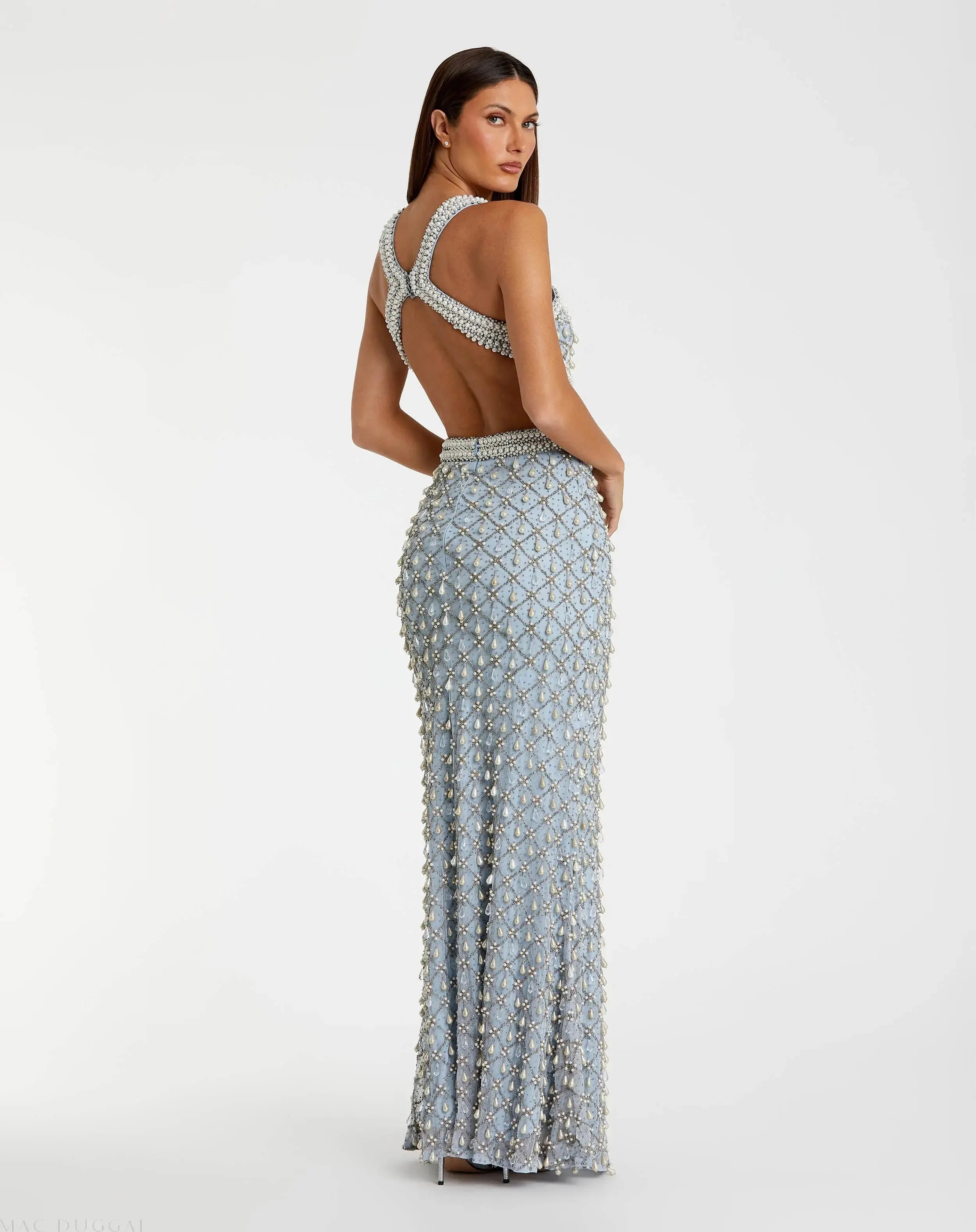 Blue Sleeveless Halter Cutout Pearl Embellished Gown - Mac Duggal
