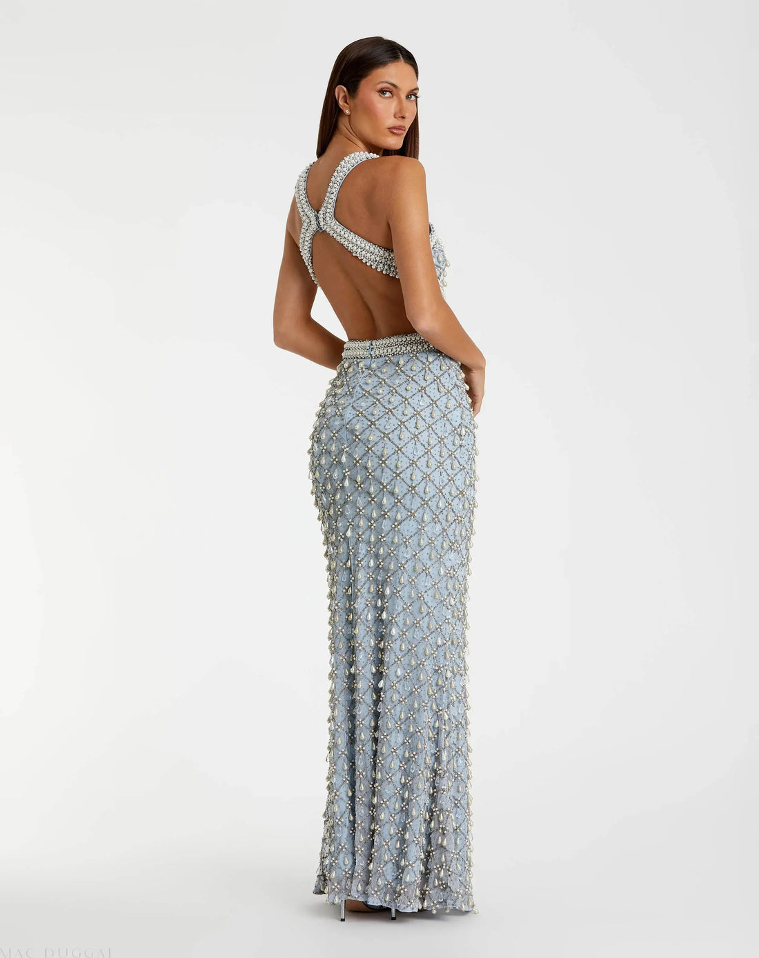 Blue Sleeveless Halter Cutout Pearl Embellished Gown - Mac Duggal