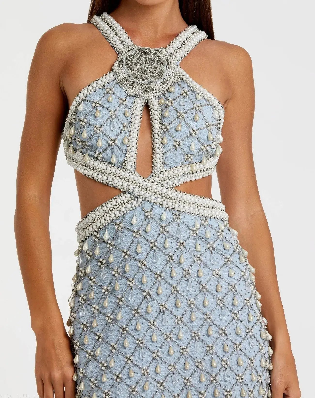 Blue Sleeveless Halter Cutout Pearl Embellished Gown - Mac Duggal