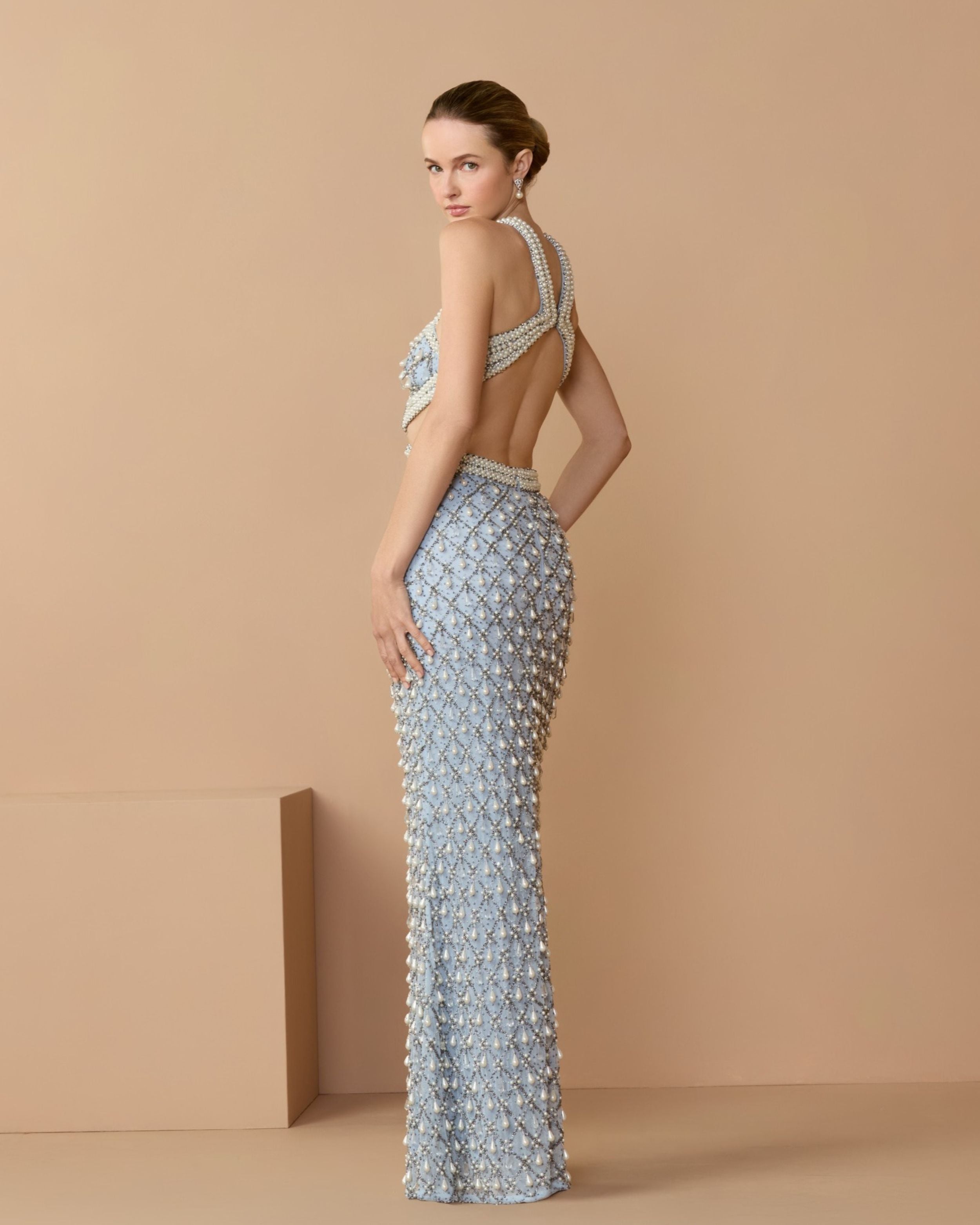 Blue Sleeveless Halter Cutout Pearl Embellished Gown - Mac Duggal