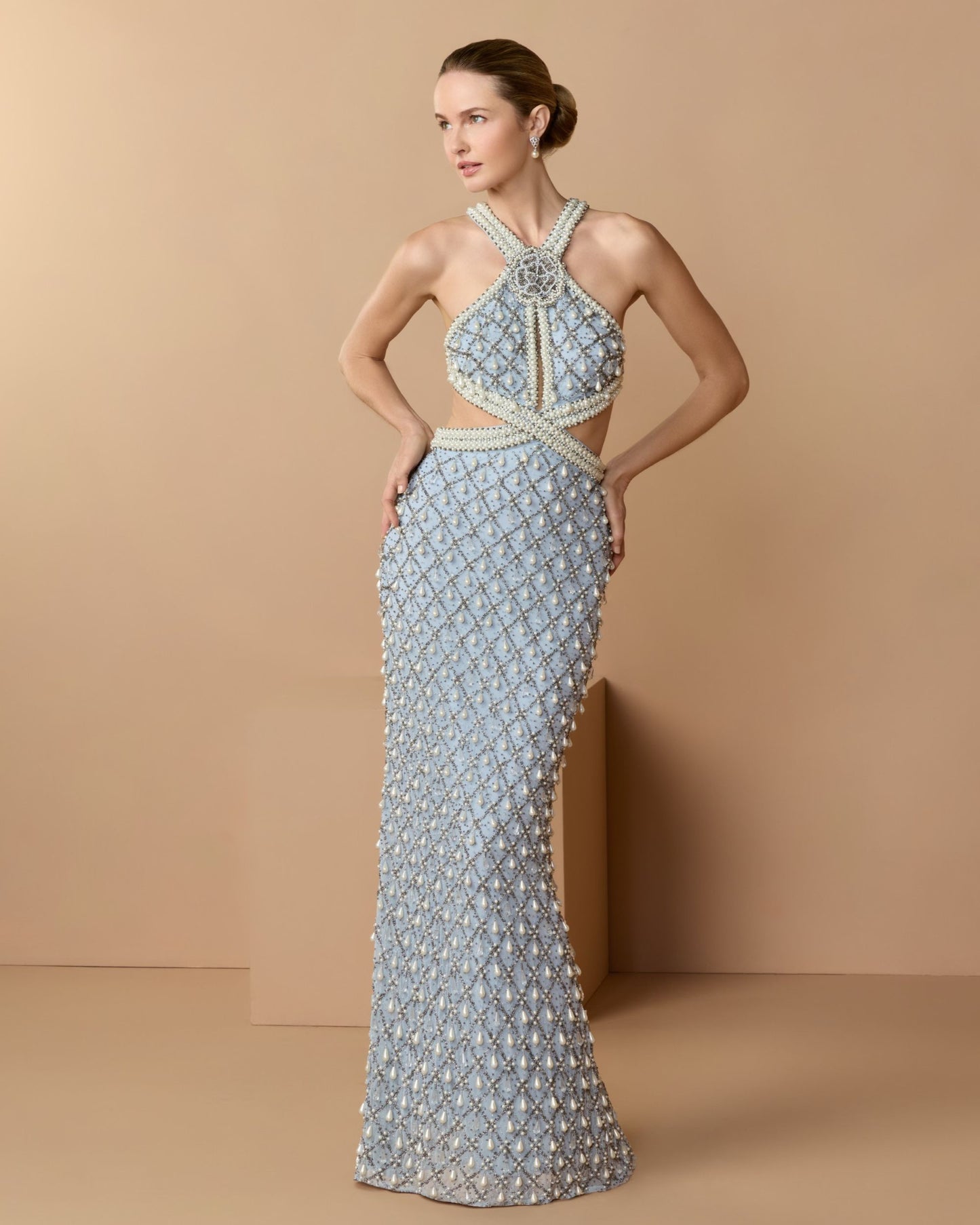 Blue Sleeveless Halter Cutout Pearl Embellished Gown - Mac Duggal
