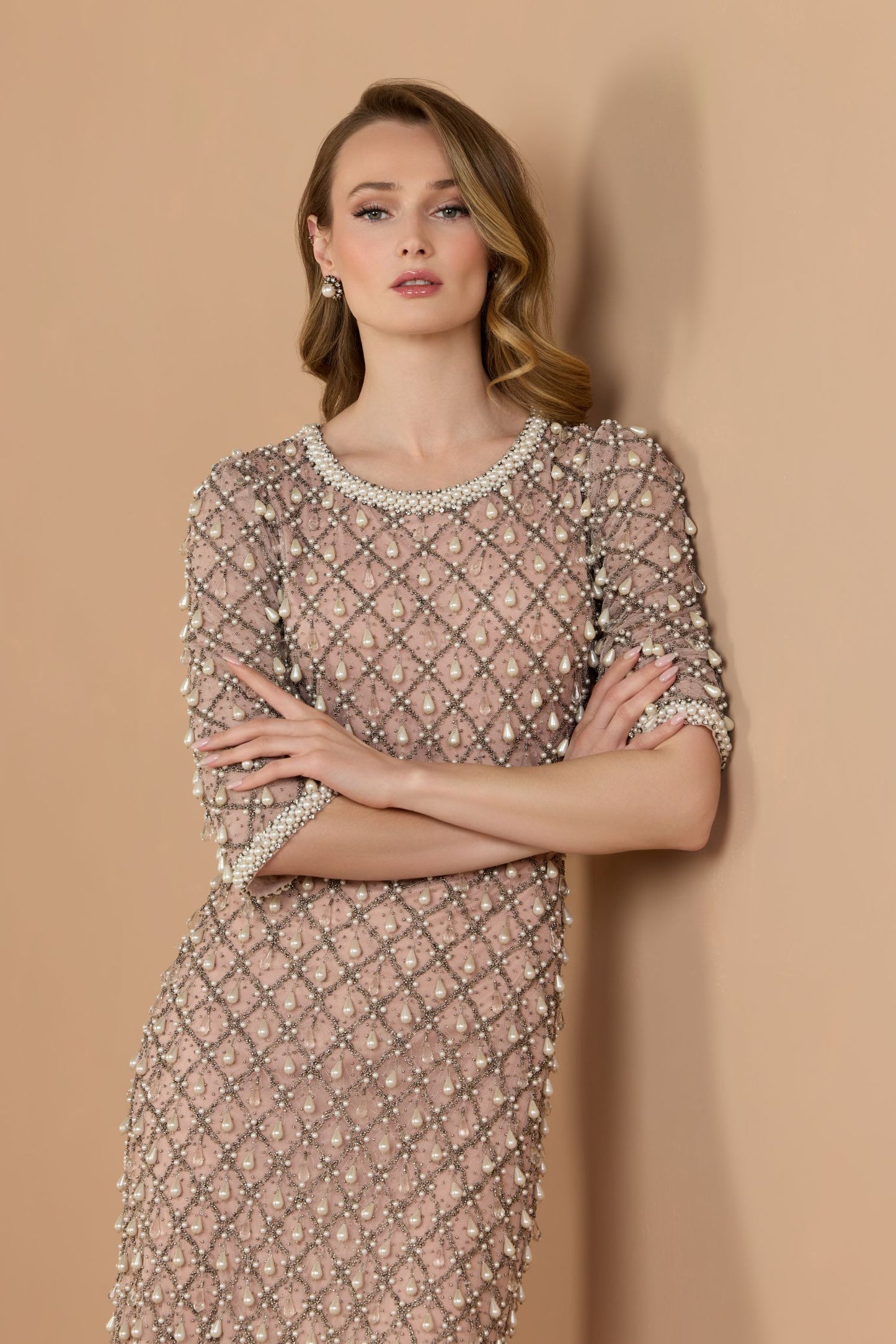 Pink Pearl Embellished 3/4 Sleeve Gown