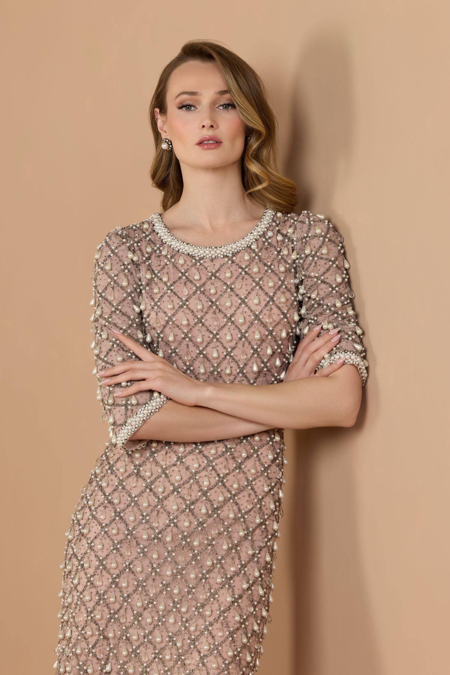 Pink Pearl Embellished 3/4 Sleeve Gown