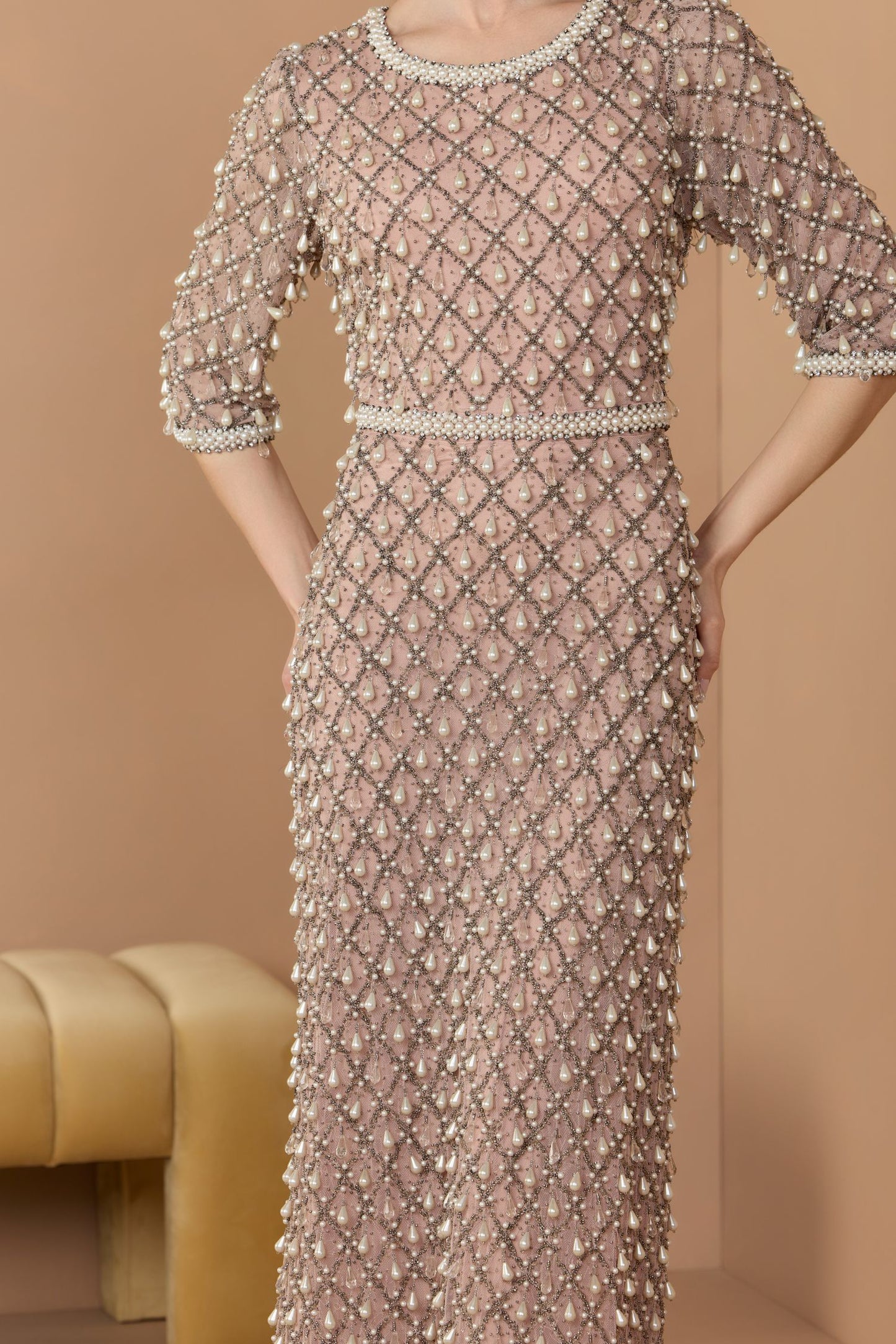 Pink Pearl Embellished 3/4 Sleeve Gown