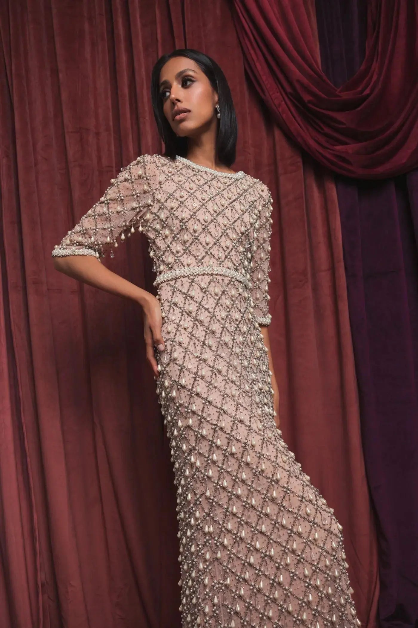 Pink Pearl Embellished 3/4 Sleeve Gown - Mac Duggal