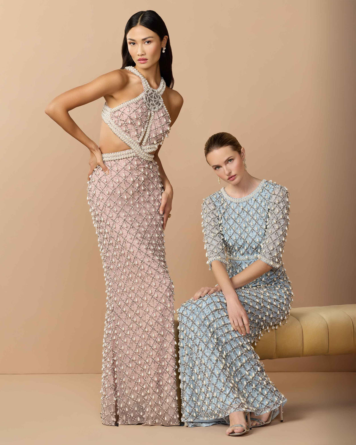 Light Rose Pearl Embellished Open Back Gown - Mac Duggal