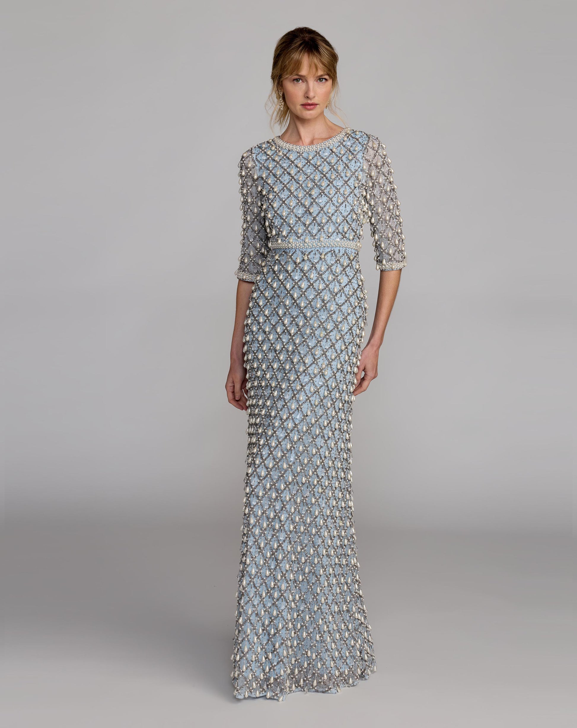 Blue Pearl Embellished 3/4 Sleeve Gown - Mac Duggal