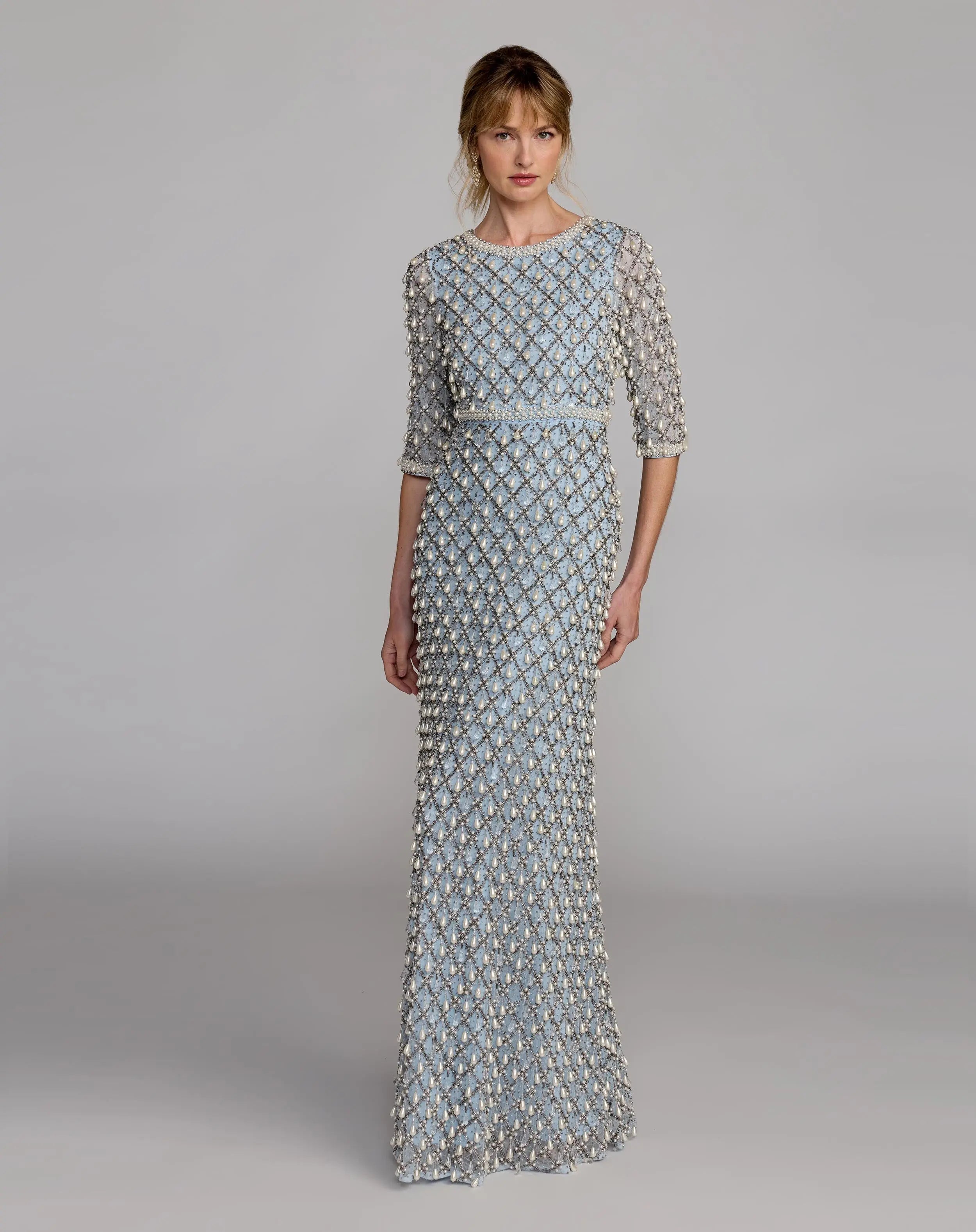 Blue Pearl Embellished 3/4 Sleeve Gown - Mac Duggal