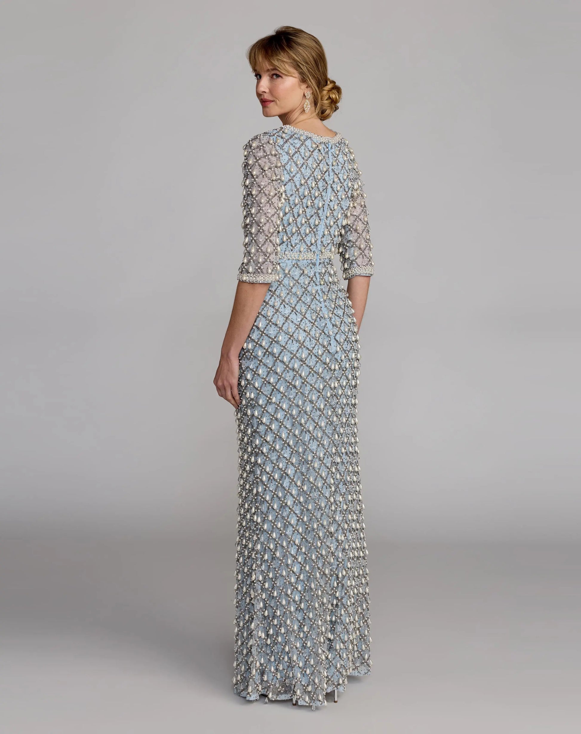 Blue Pearl Embellished 3/4 Sleeve Gown Blue Pearl Embellished 3/4 Sleeve Gown