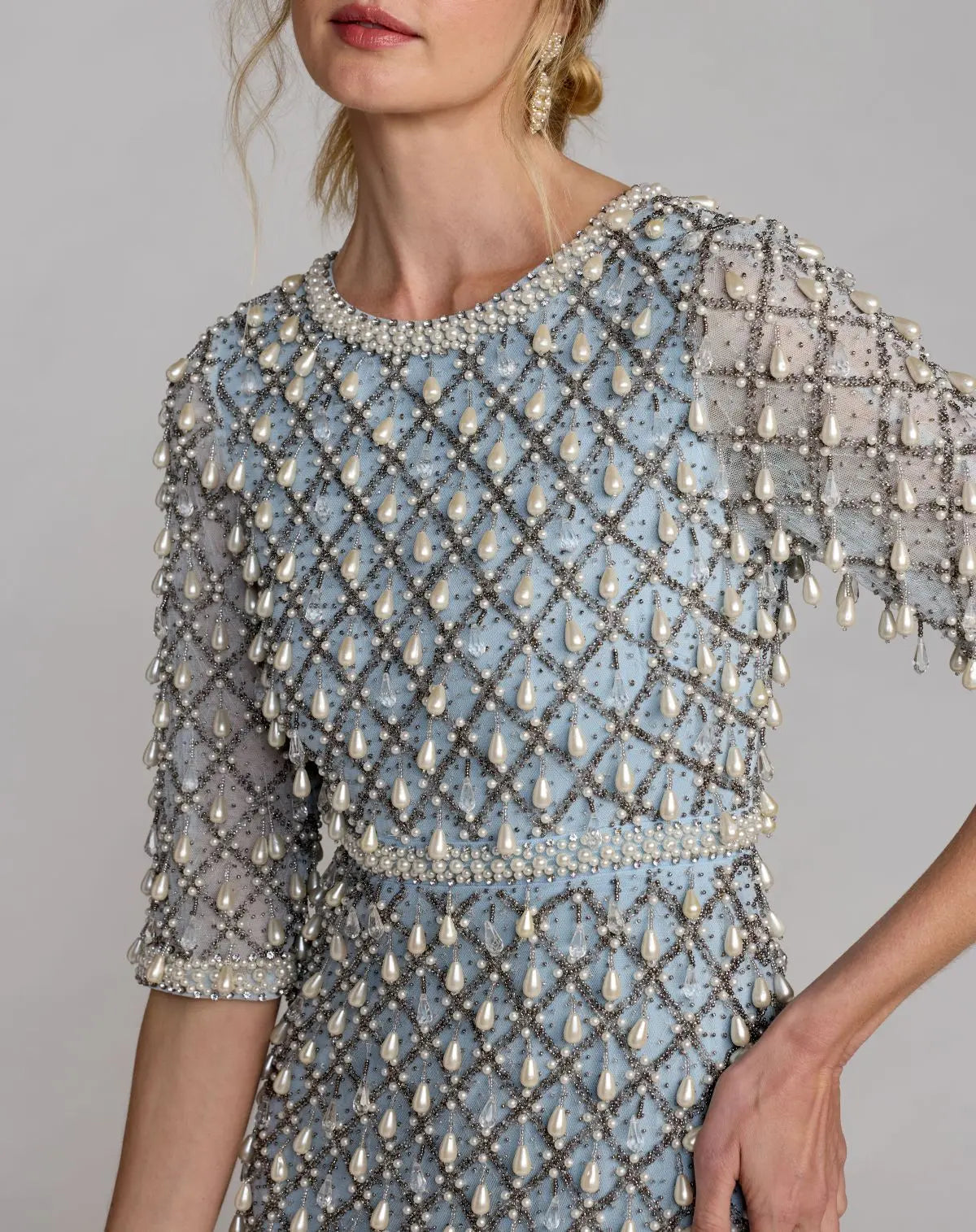 Blue Pearl Embellished 3/4 Sleeve Gown - Mac Duggal