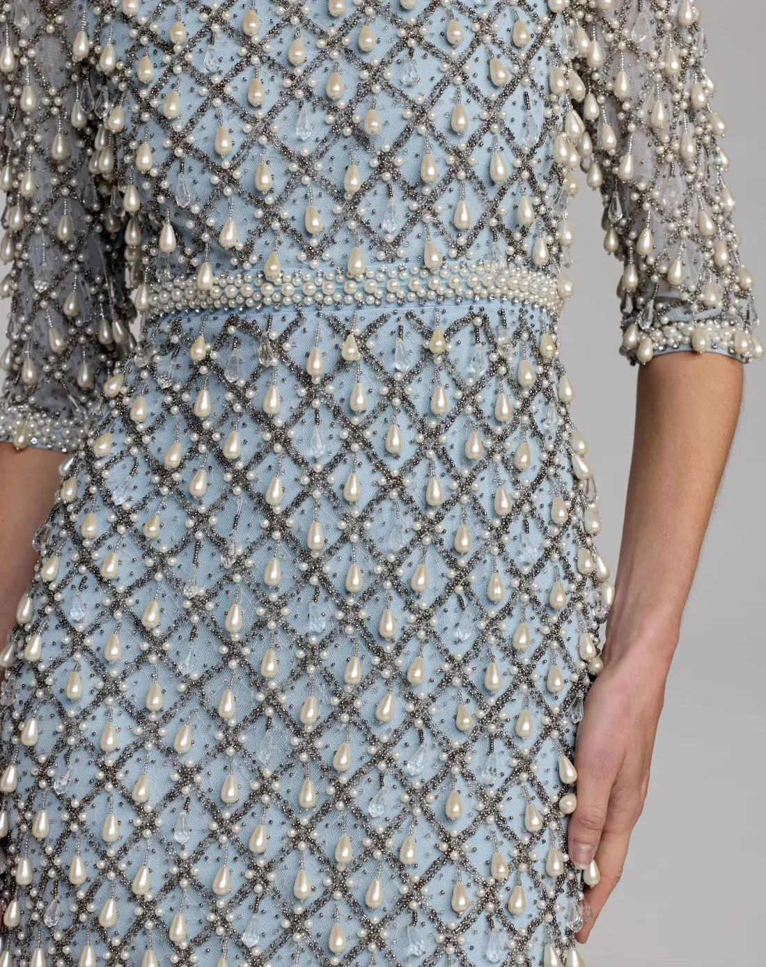 Blue Pearl Embellished 3/4 Sleeve Gown - Mac Duggal