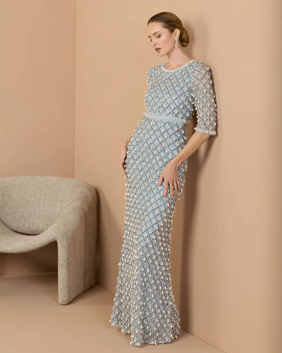 Vintage Blue Pearl Embellished 3/4 Sleeve Gown - Mac Duggal