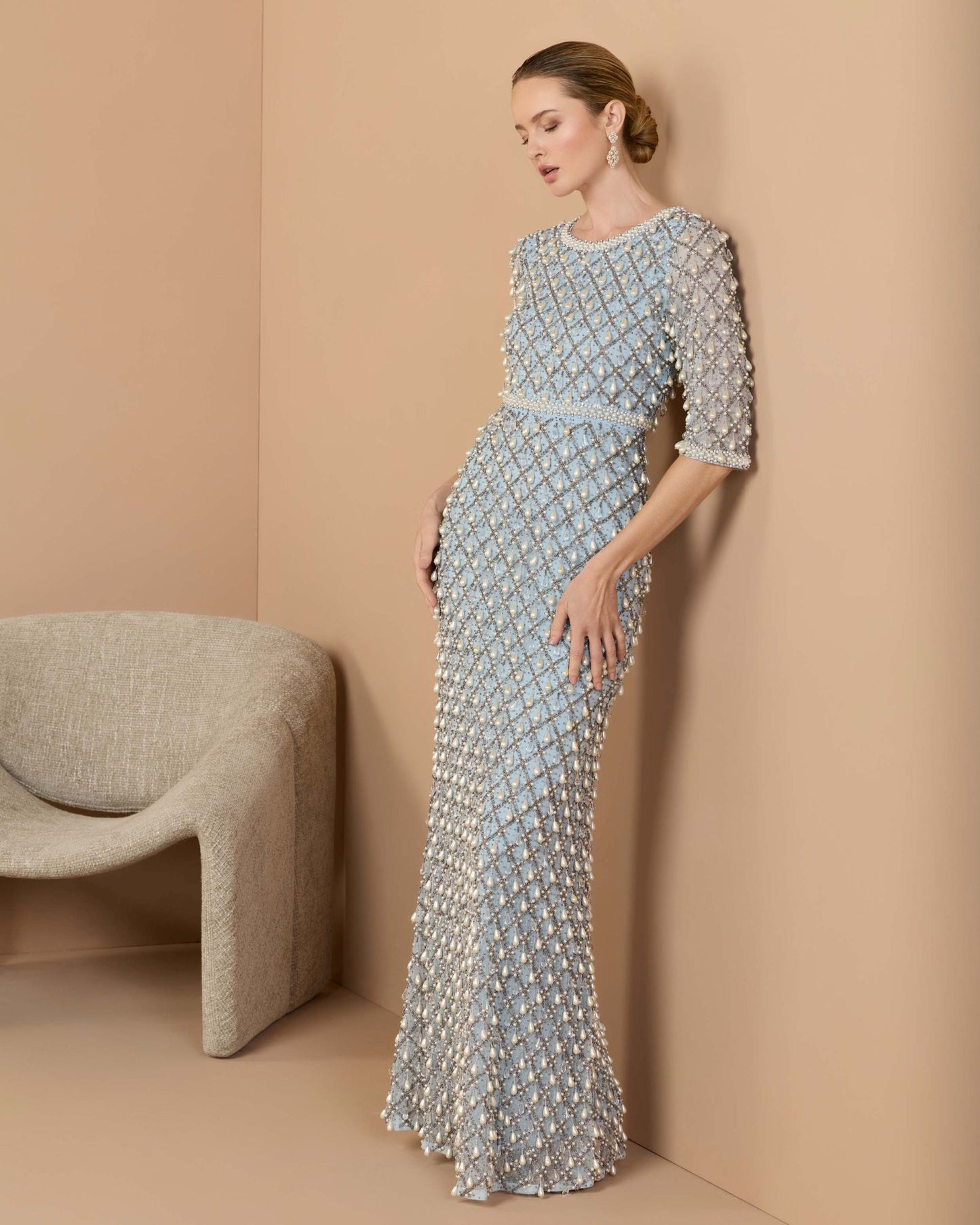 Blue Pearl Embellished 3/4 Sleeve Gown - Mac Duggal