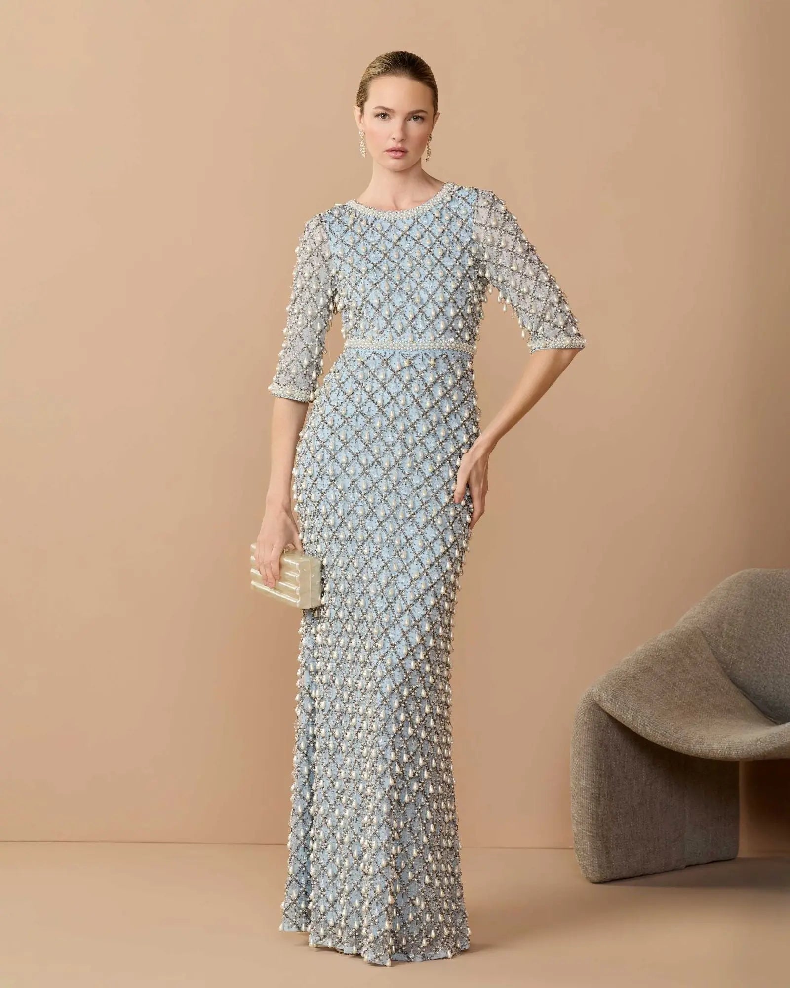 Blue Pearl Embellished 3/4 Sleeve Gown