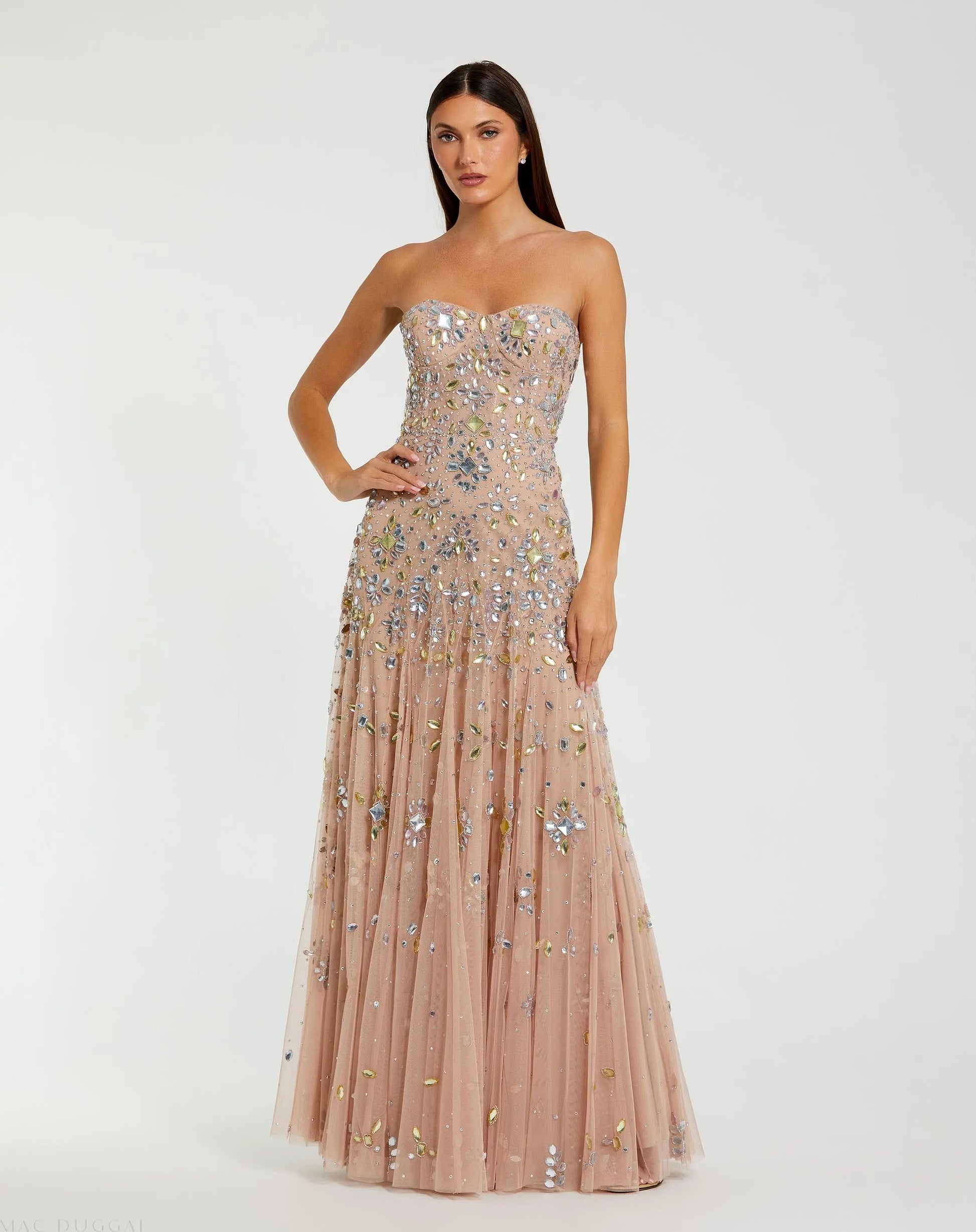 Pink Strapless Sweetheart Embellished Net Gown | Mac Duggal Pink Strapless Sweetheart Embellished Net Gown | Mac Duggal
