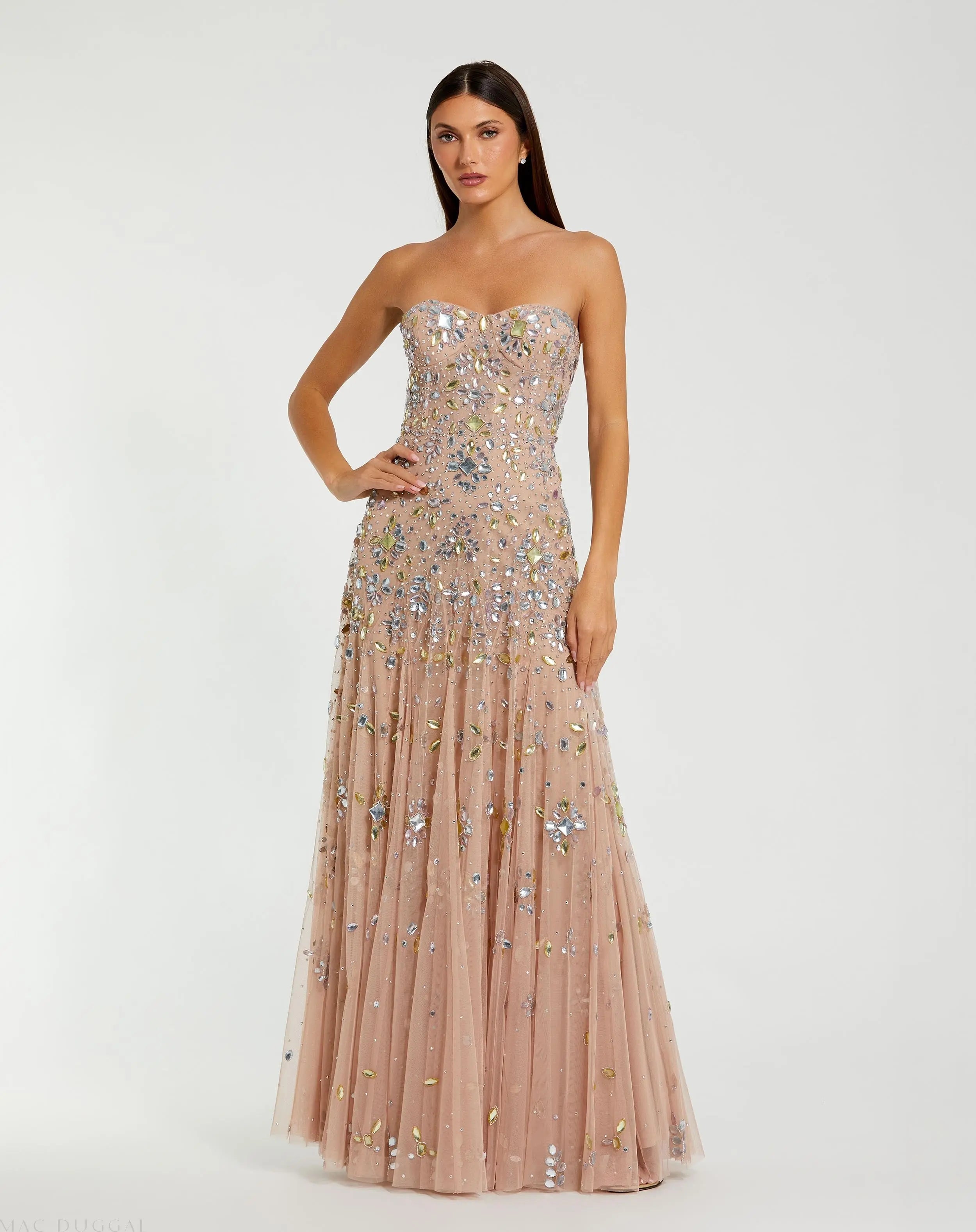Beige V-Neck Column Gown with Fringe Embellishments - Mac Duggal Beige V-Neck Column Gown with Fringe Embellishments - Mac Duggal