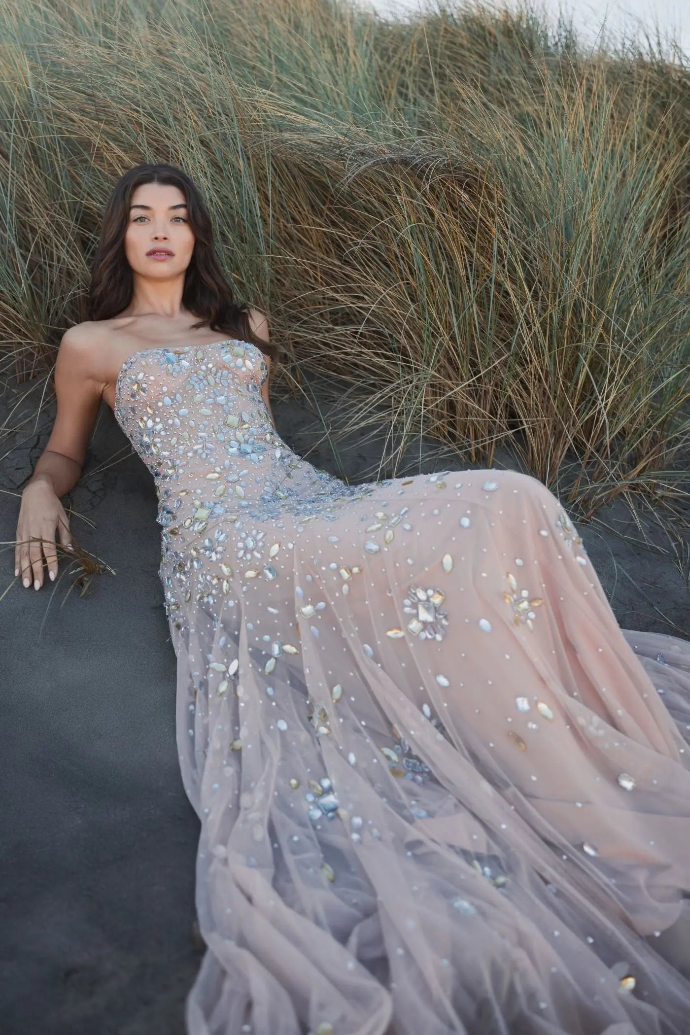 Pink Strapless Sweetheart Embellished Net Gown Pink Strapless Sweetheart Embellished Net Gown