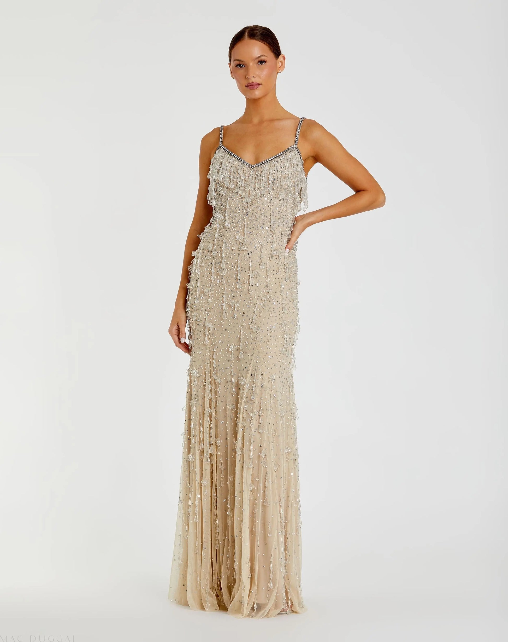 Beige V-Neck Column Gown with Fringe Embellishments - Mac Duggal Beige V-Neck Column Gown with Fringe Embellishments - Mac Duggal